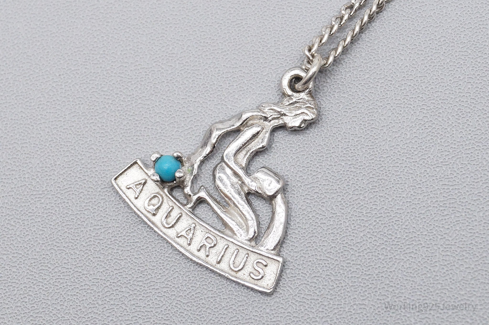 Vintage Aquarius Zodiac Sign Turquoise Sterling Silver Necklace 15"