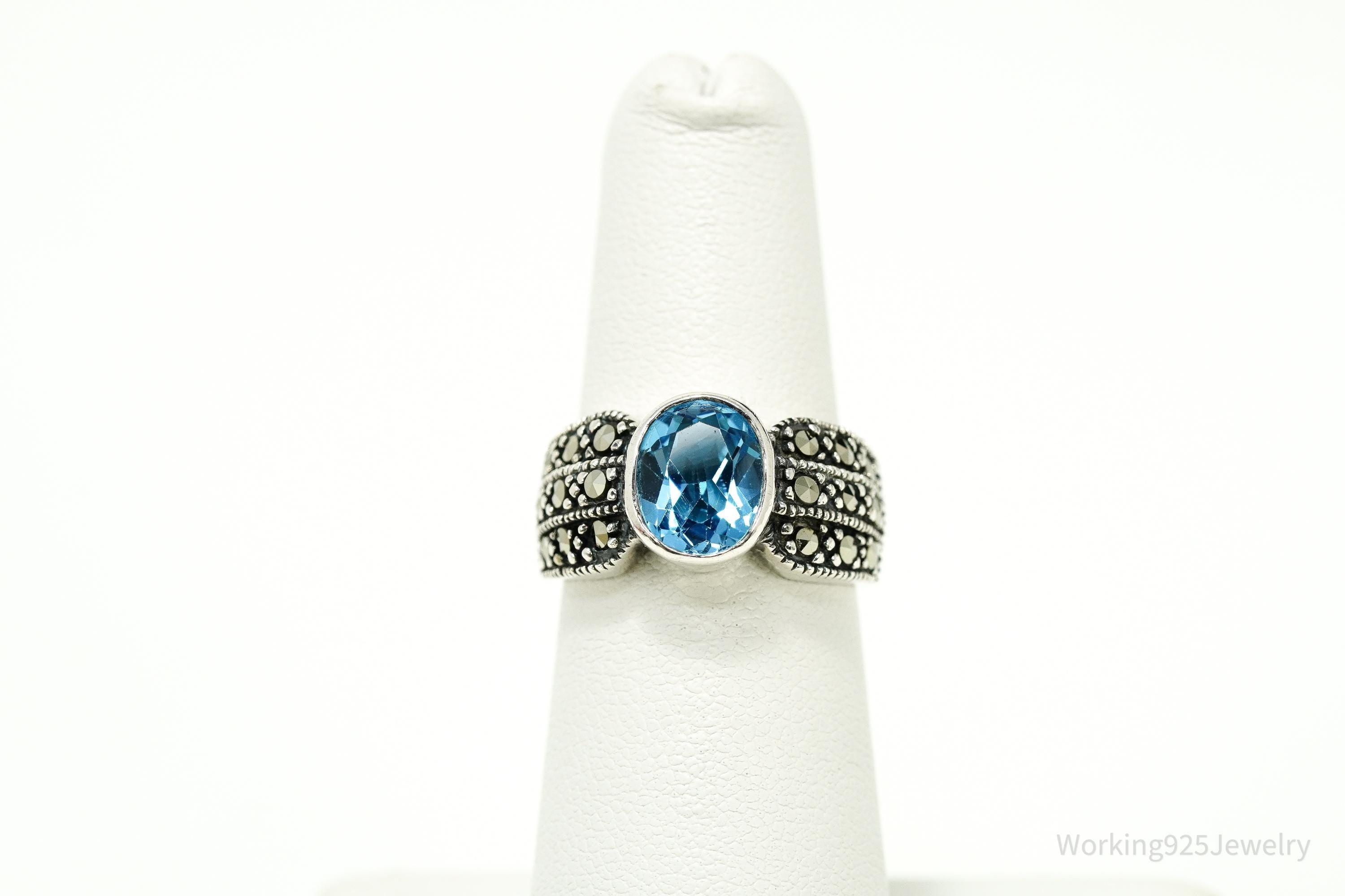Vintage Blue Topaz & Marcasite Sterling Silver Ring - Size 5.75