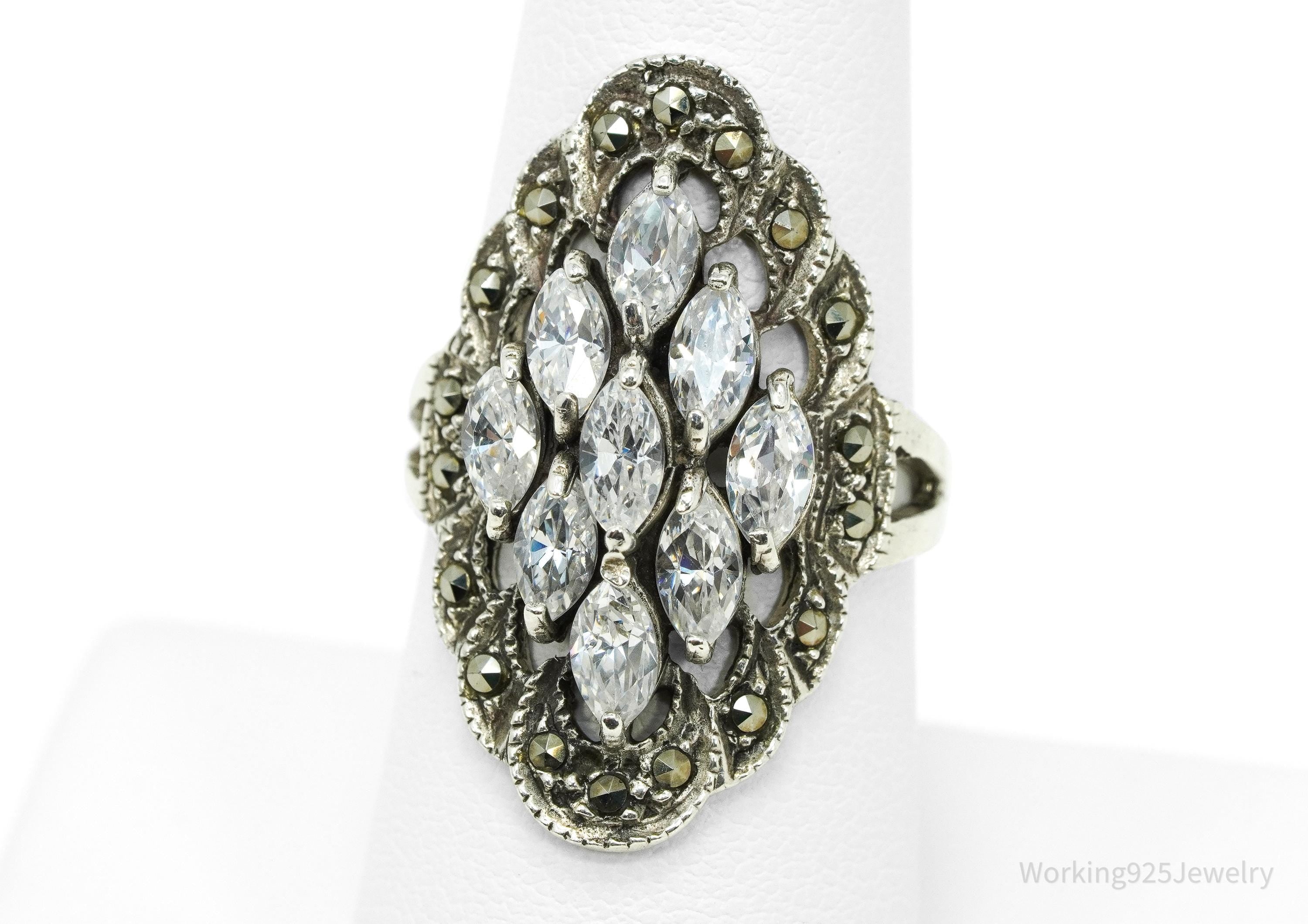 Vintage Cubic Zirconia & Marcasite Sterling Silver Ring - Size 7.75
