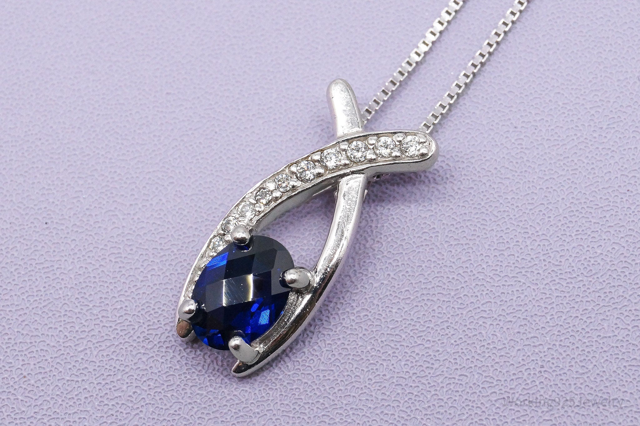 Vintage Lab Sapphire & Cubic Zirconia Sterling Silver Necklace 18"