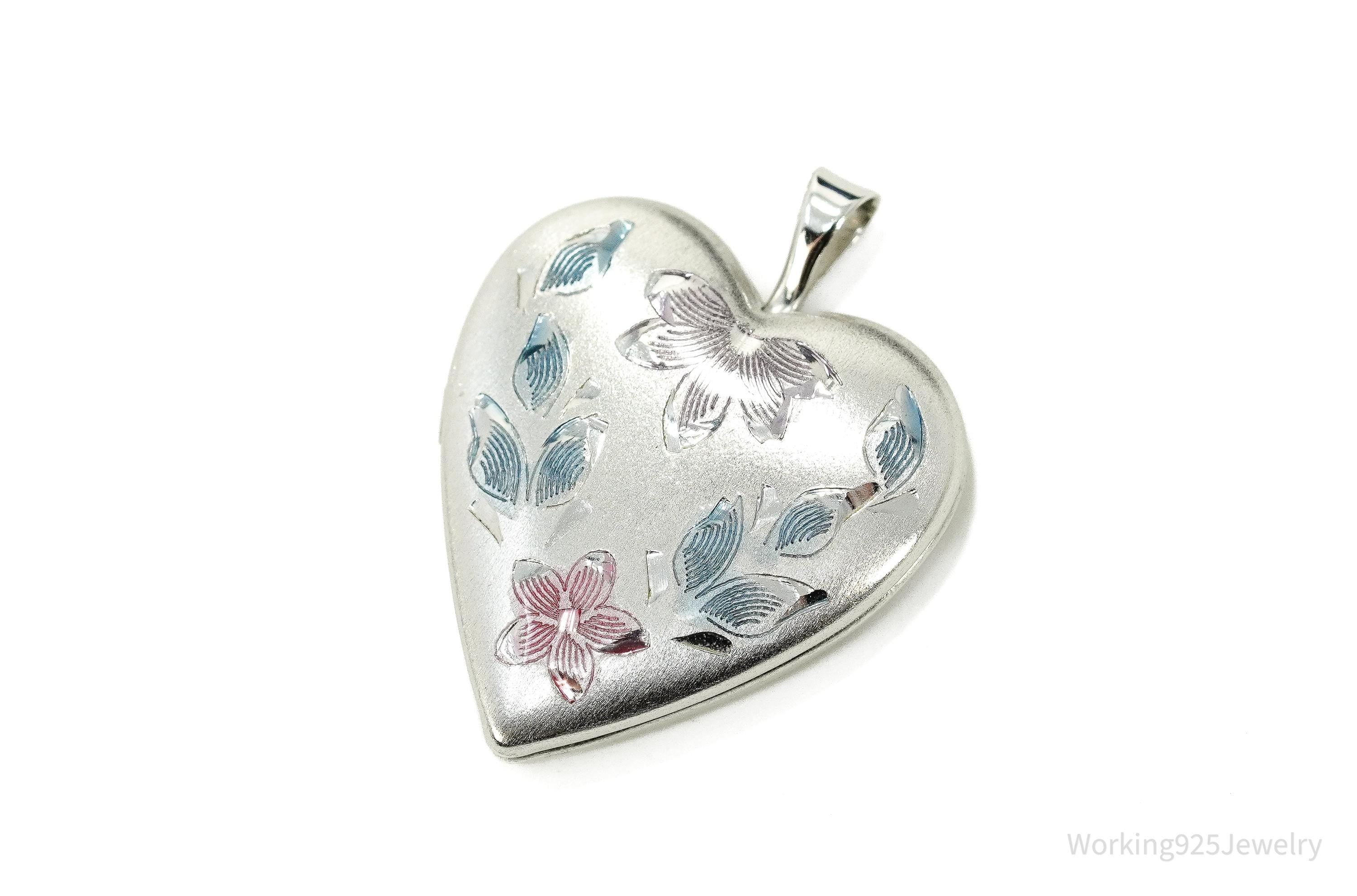 Vintage Etched Enamel Floral Heart Picture Locket Silver Pendant