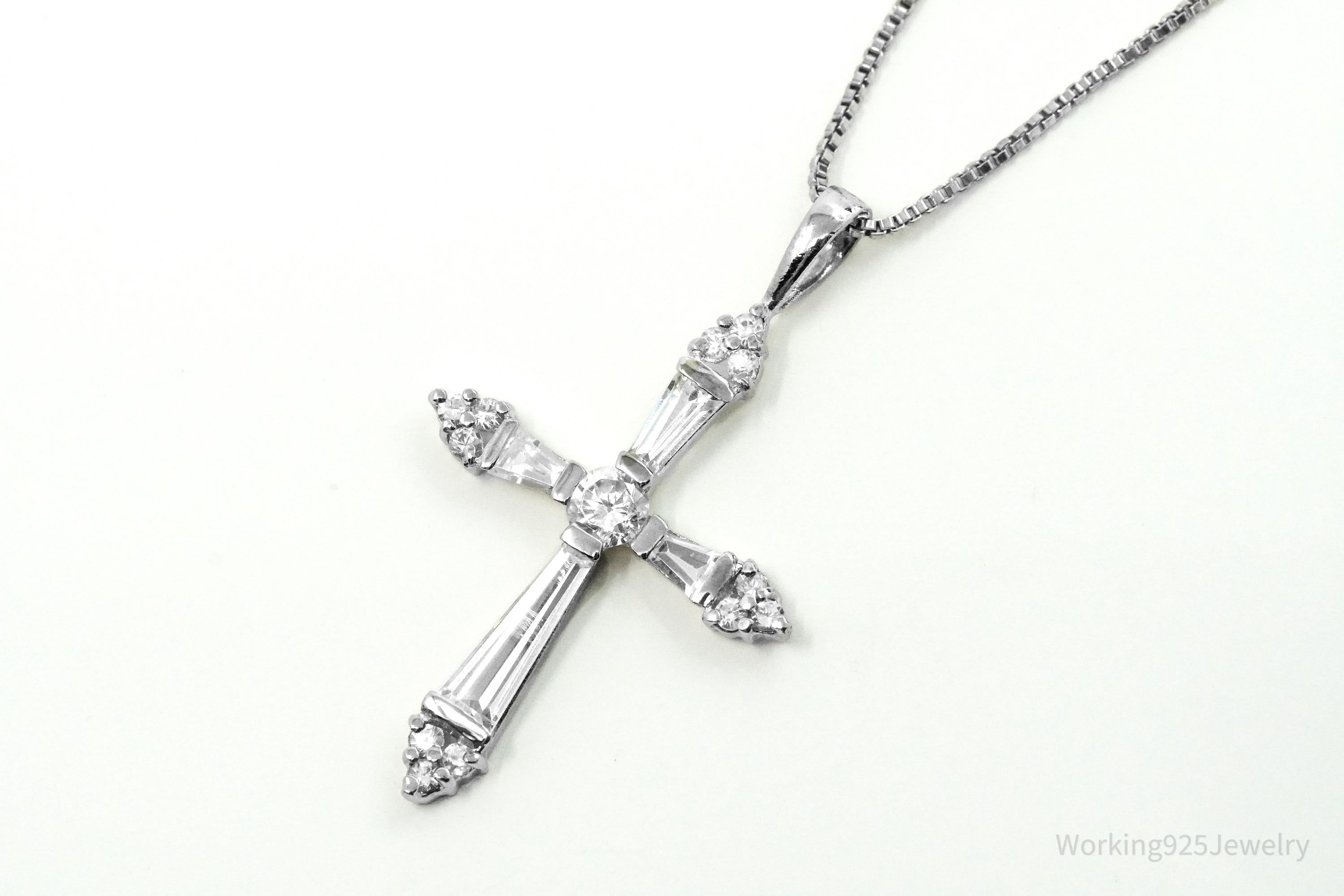 Vintage Ross Simons Cubic Zirconia Cross Sterling Silver Necklace 18"