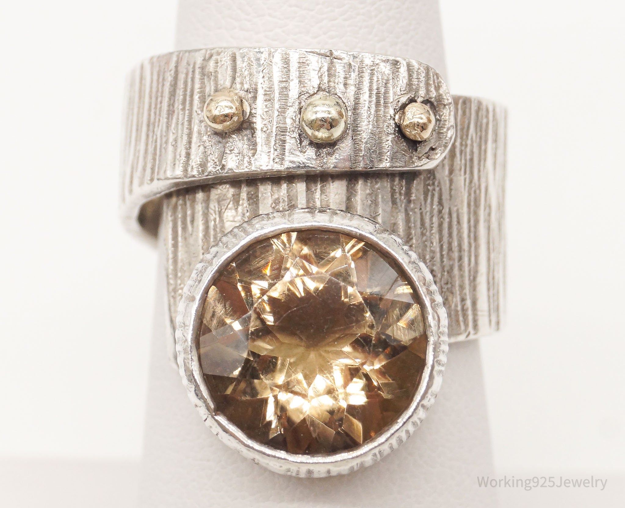 Vintage Large Smoky Topaz 14K Gold Sterling Silver Ring - Size 7.25 Adjustable