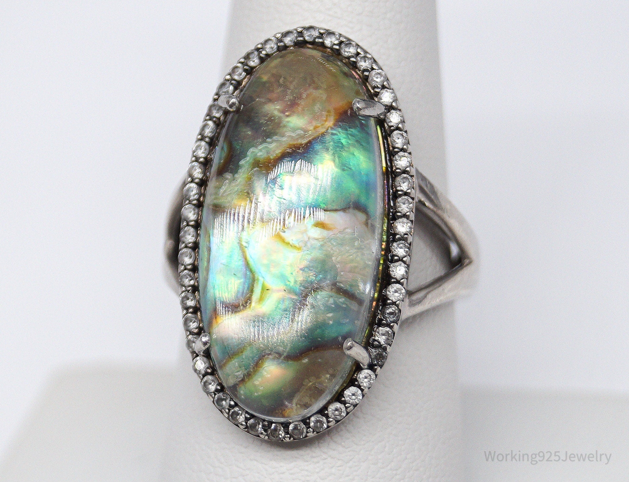 Vintage Paua Abalone Shell White Topaz Sterling Silver Ring - Size 8