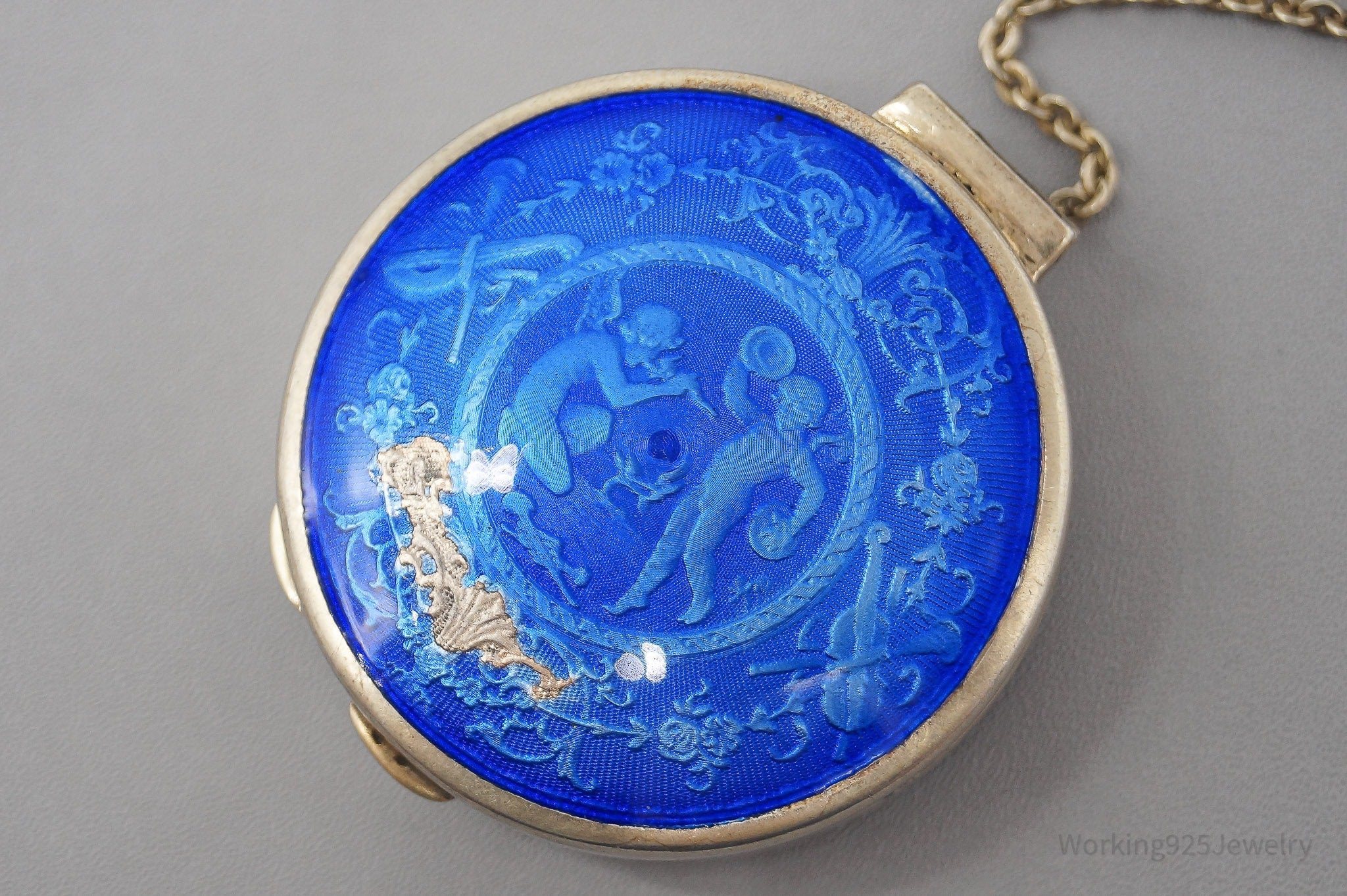 Antique 1980s R Blackinton Co Enamel Gold Wash Sterling Silver Compact Box