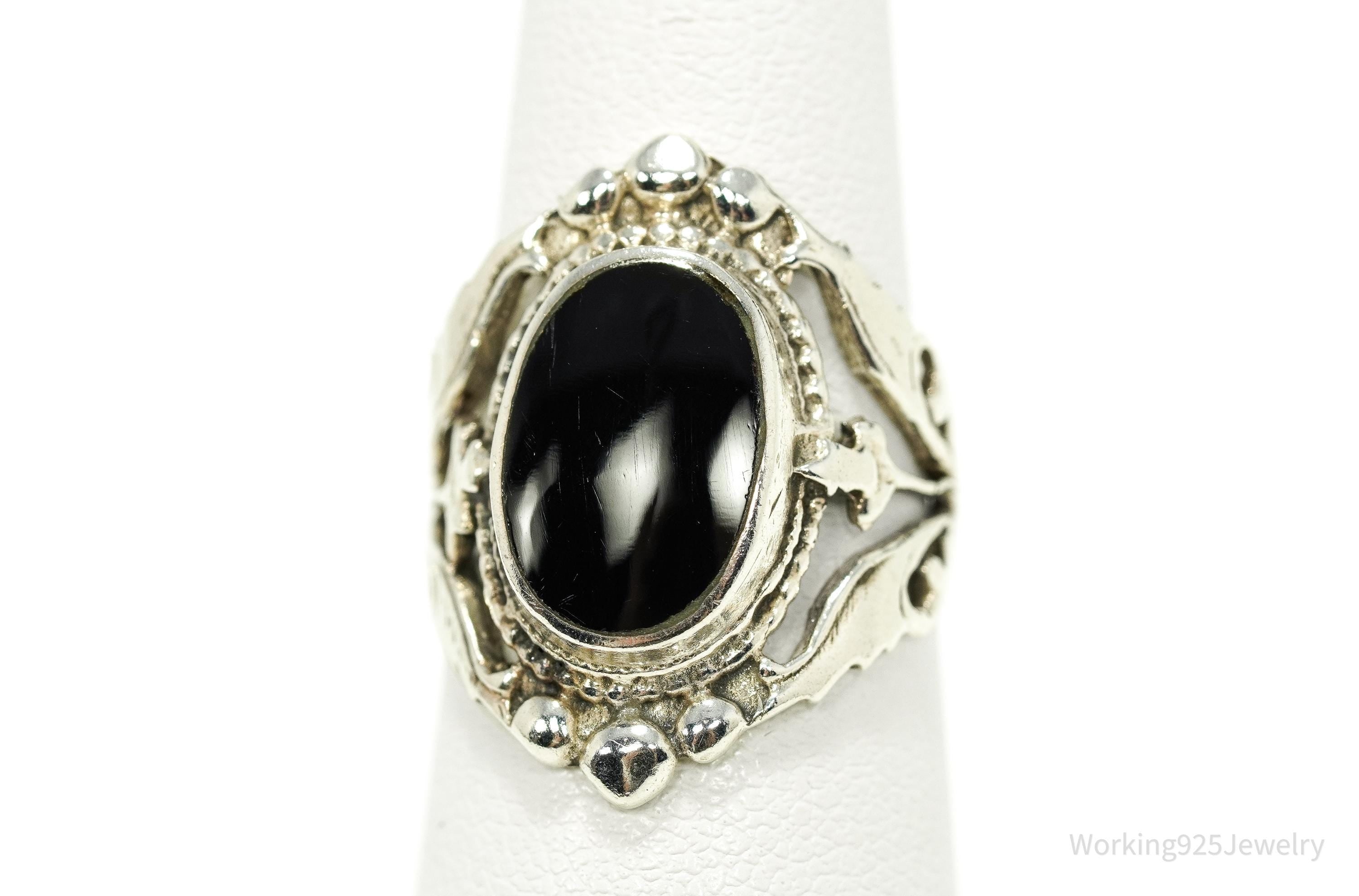 Vintage Black Onyx Ornate Sterling Silver Ring - Size 5.75