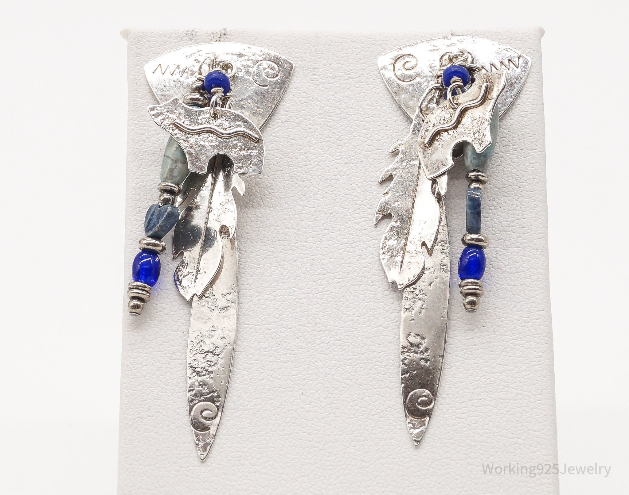 VTG Native American Lapis Lazuli Jasper Glass Bead Sterling Silver Earrings