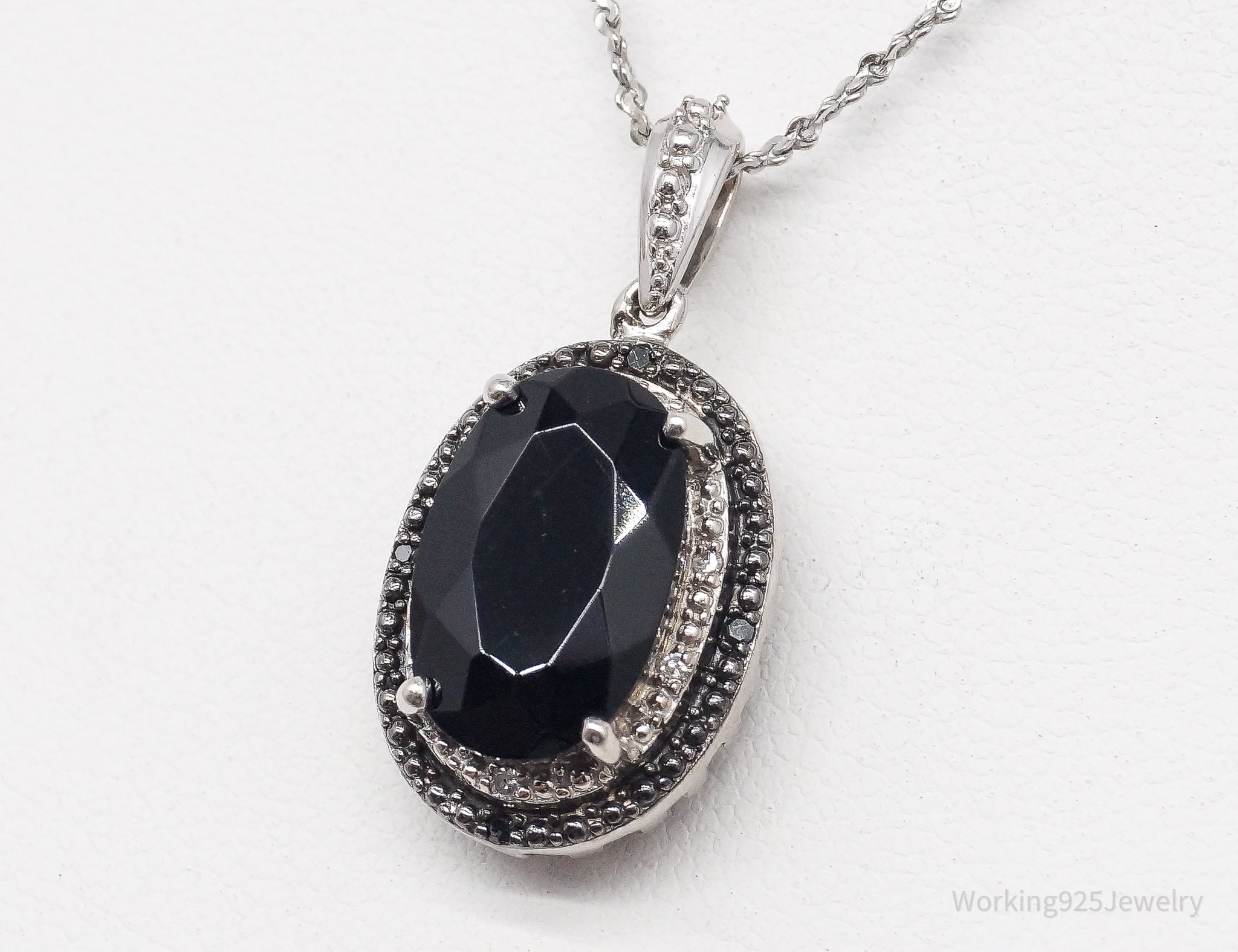 Vintage Black Tourmaline Black & White Diamond Sterling Silver Necklace 18"