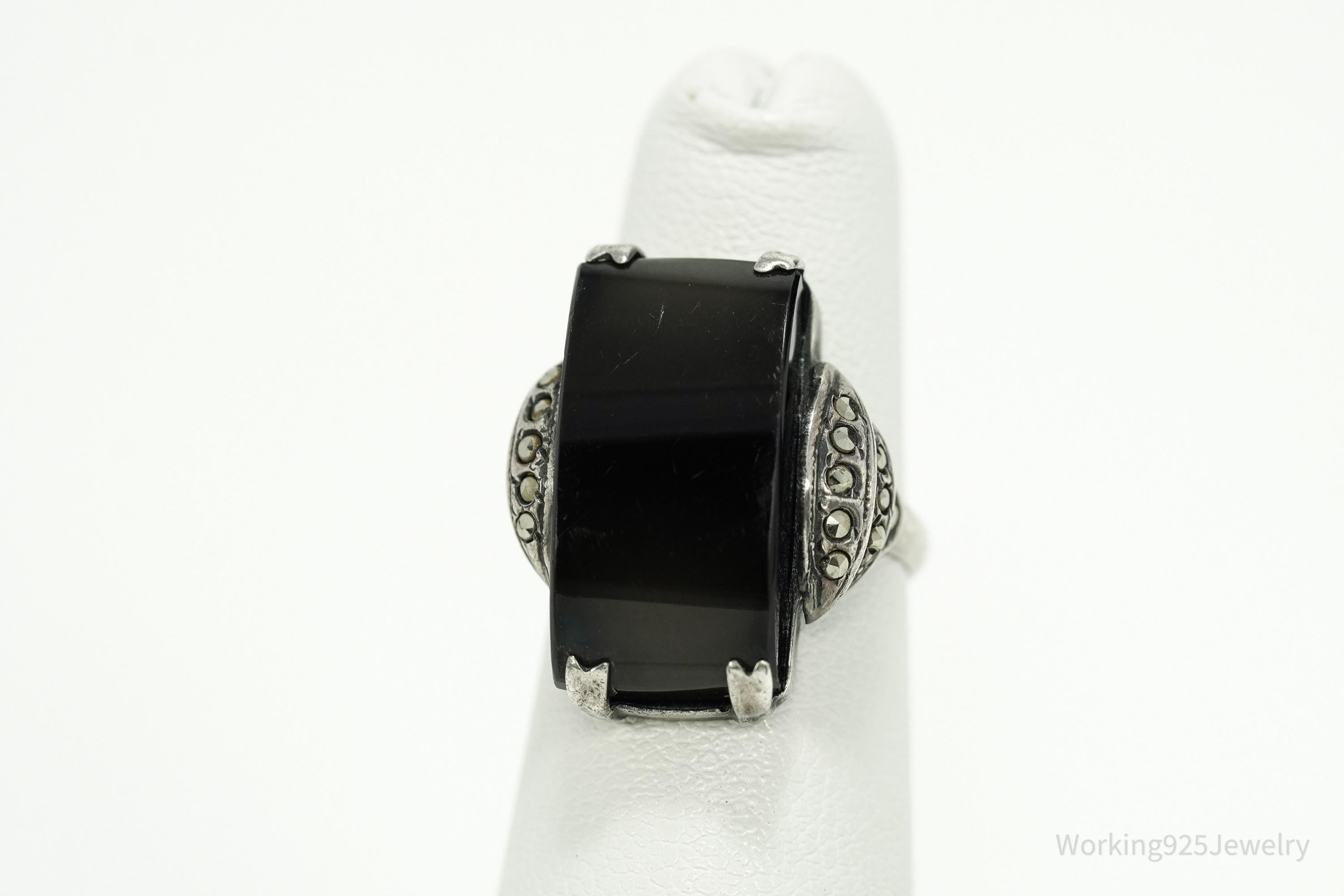 Antique Art Deco Black Onyx & Marcasite Sterling Silver Ring - Size 4.5