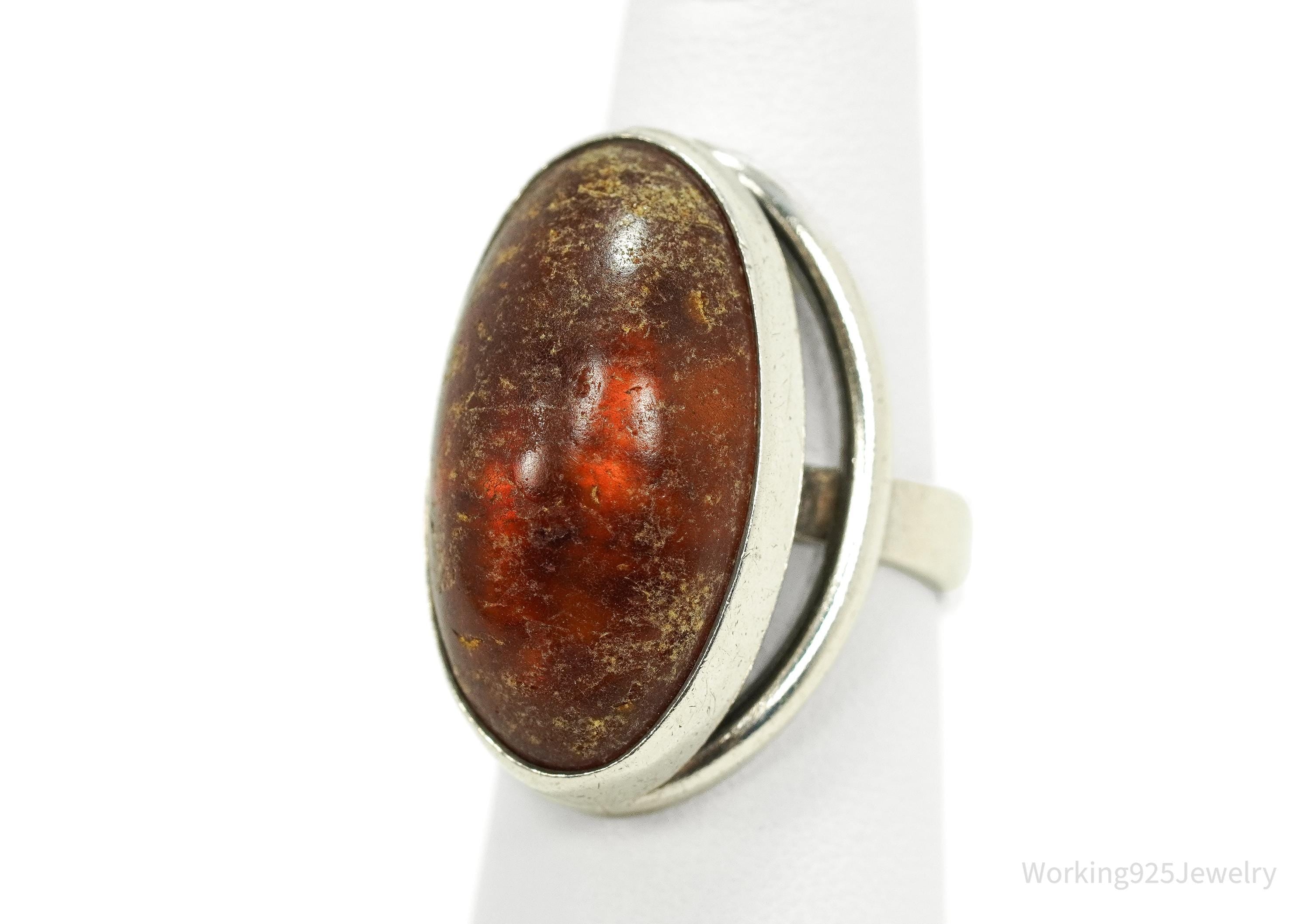 Rare Vintage 1950s Denmark Modernist Niels Erik Amber Sterling Silver Ring - Size 6.25