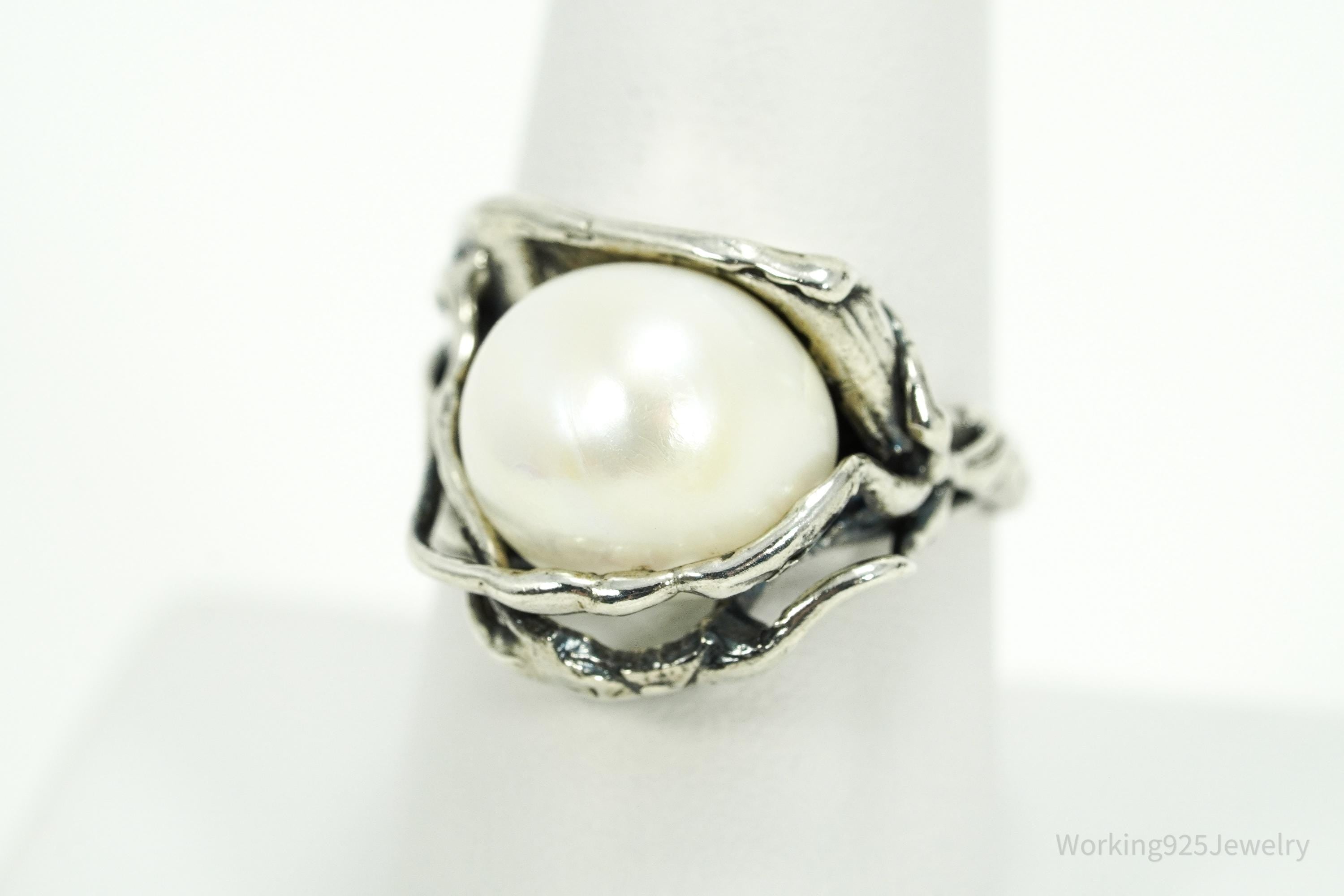 Vintage Brutalist Style Pearl Sterling Silver Israel Ring - Size 8.25