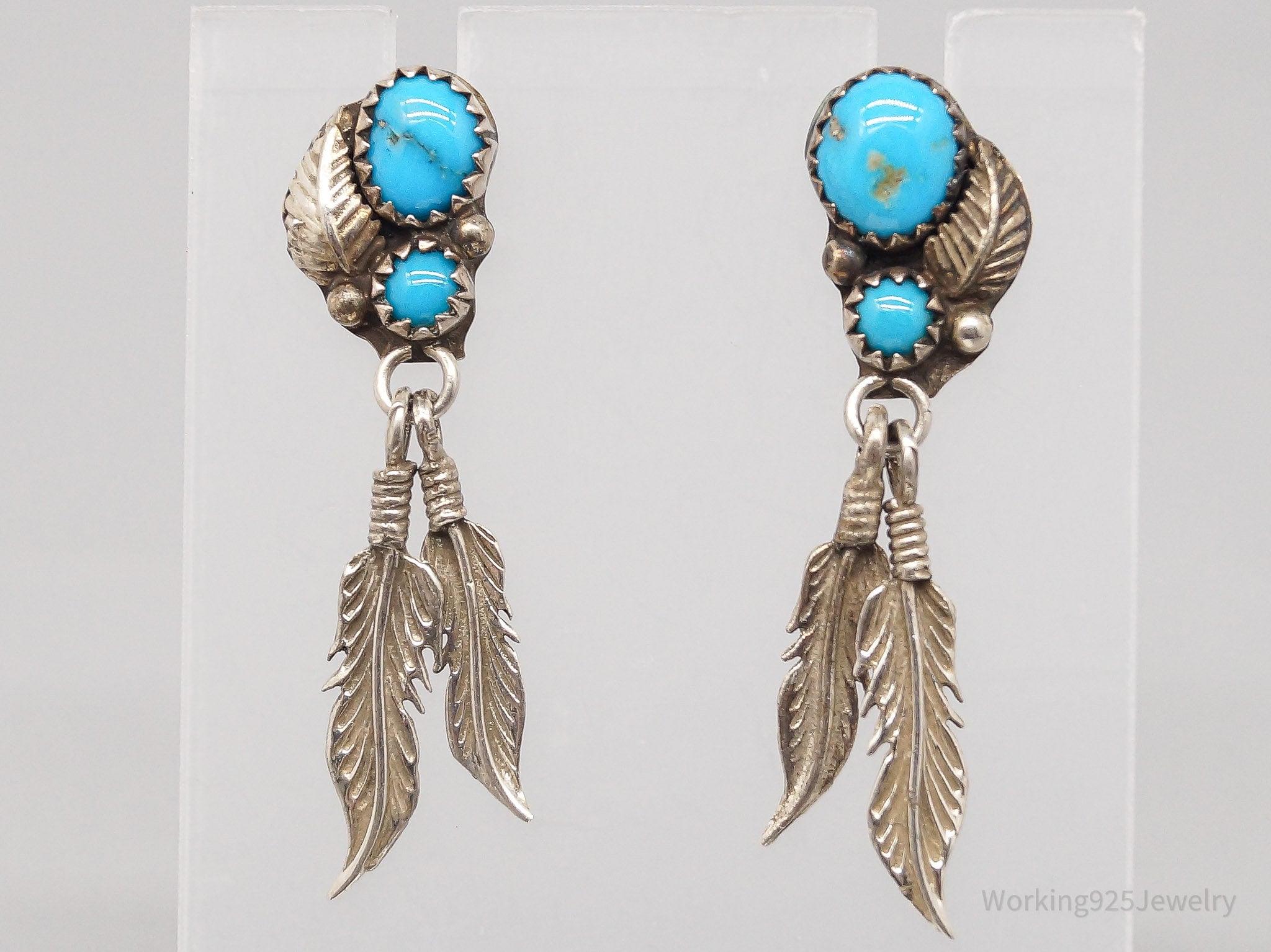 Vintage Native American Turquoise Silver Feather Charms Earrings