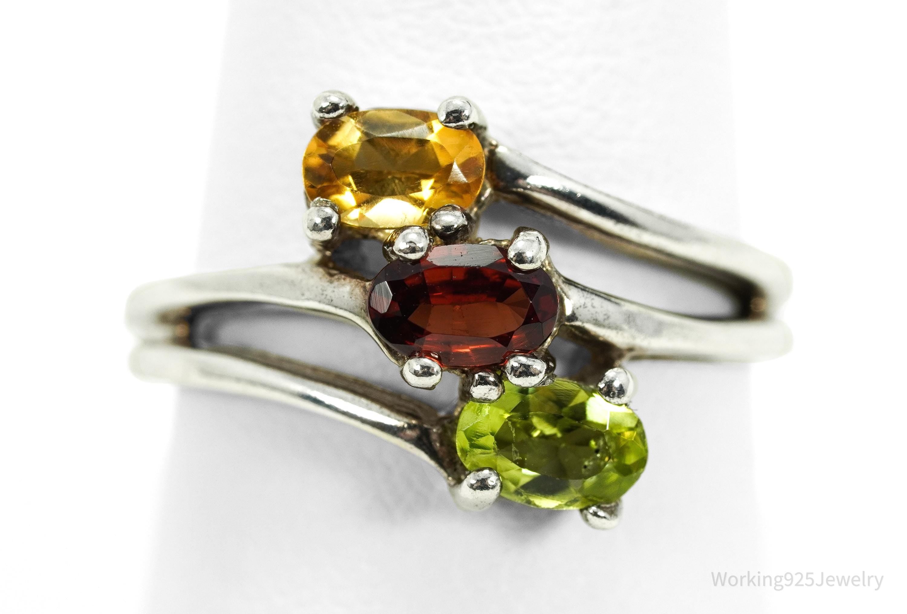 Vintage Citrine Garnet & Peridot Sterling Silver Ring - Size 9.25