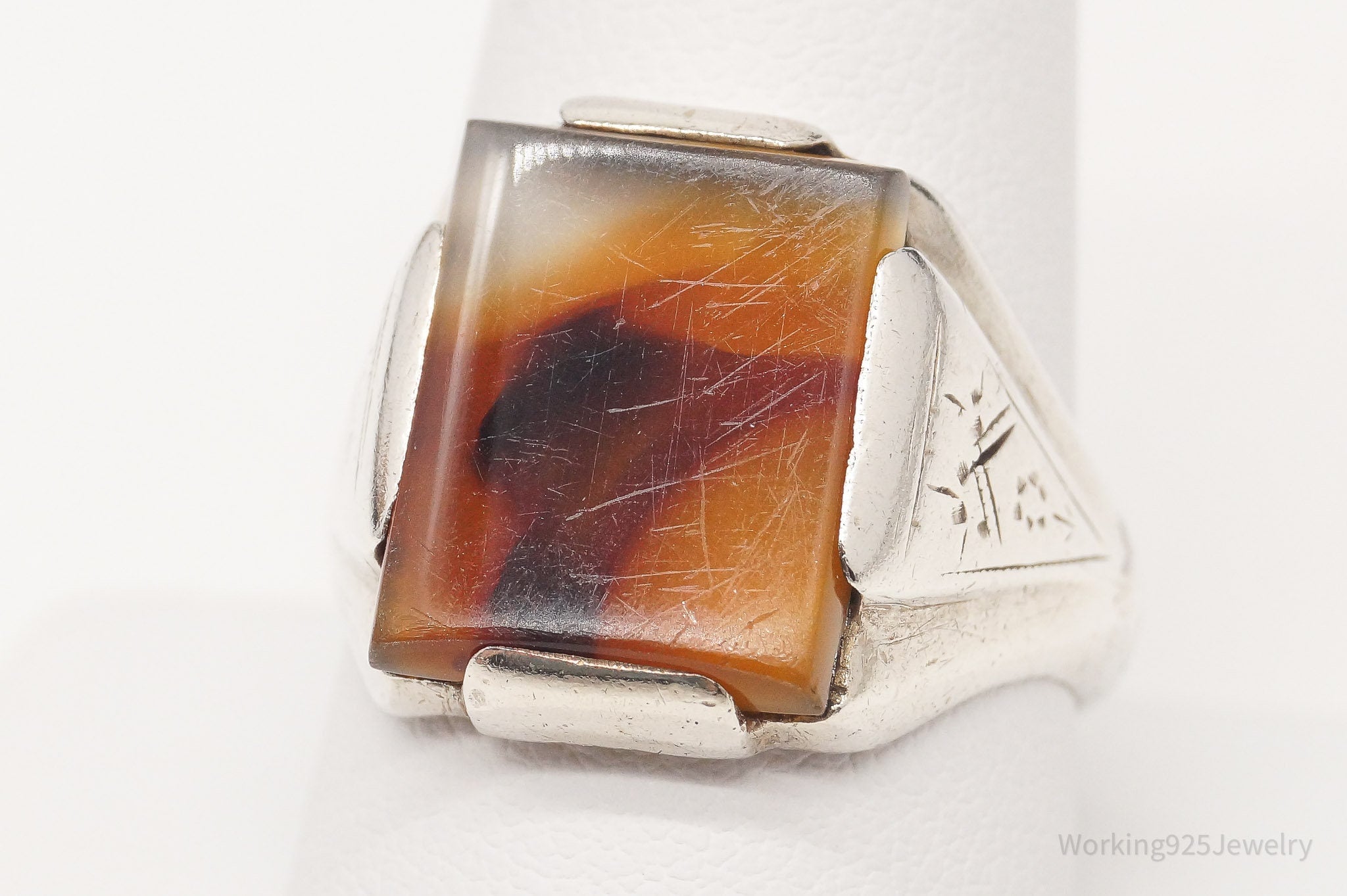 Antique Agate Sterling Silver Ring - Size 9.75