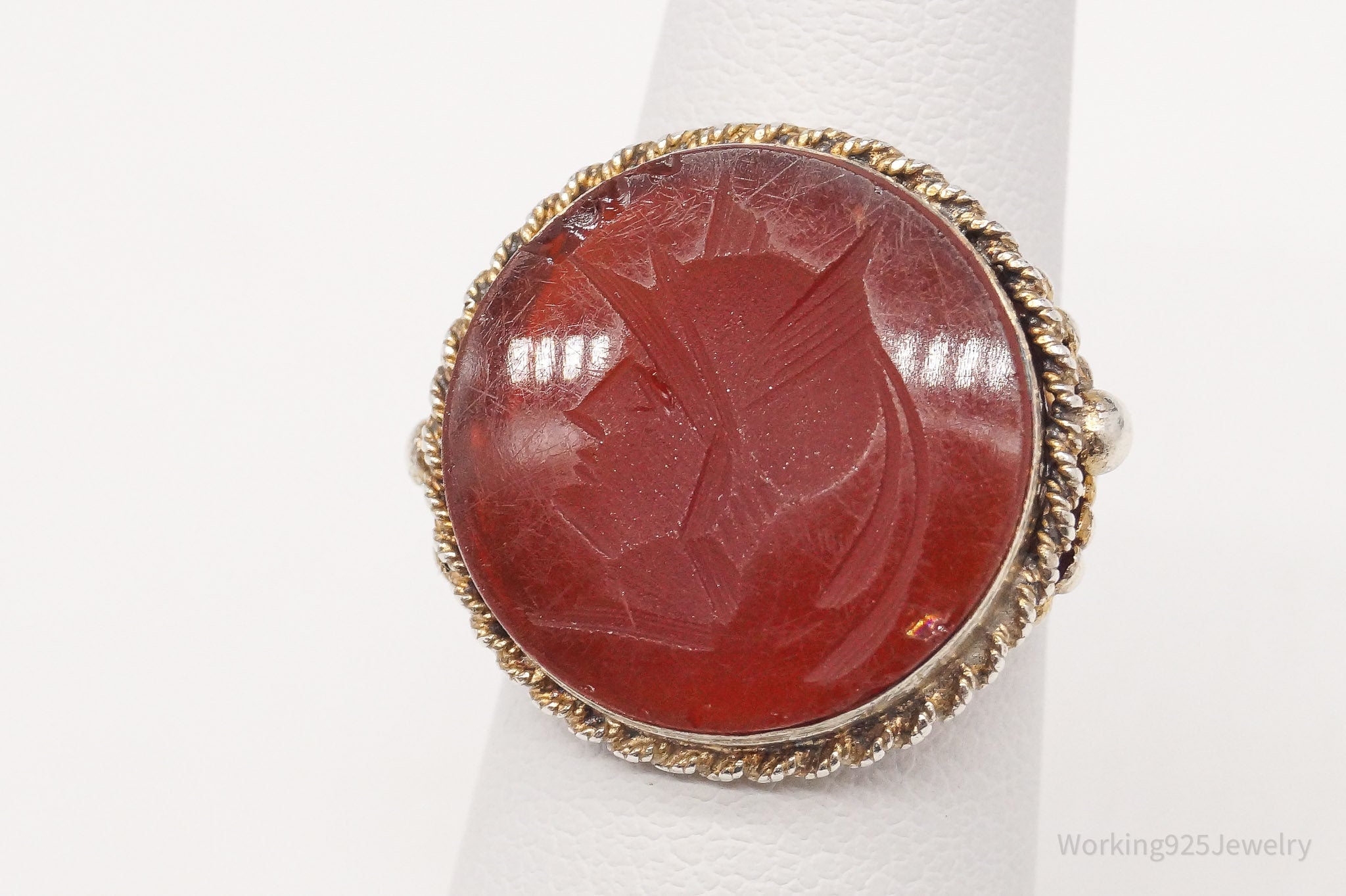 Antique Roman Soldier Carved Carnelian Intaglio Silver Ring - Size 5.5