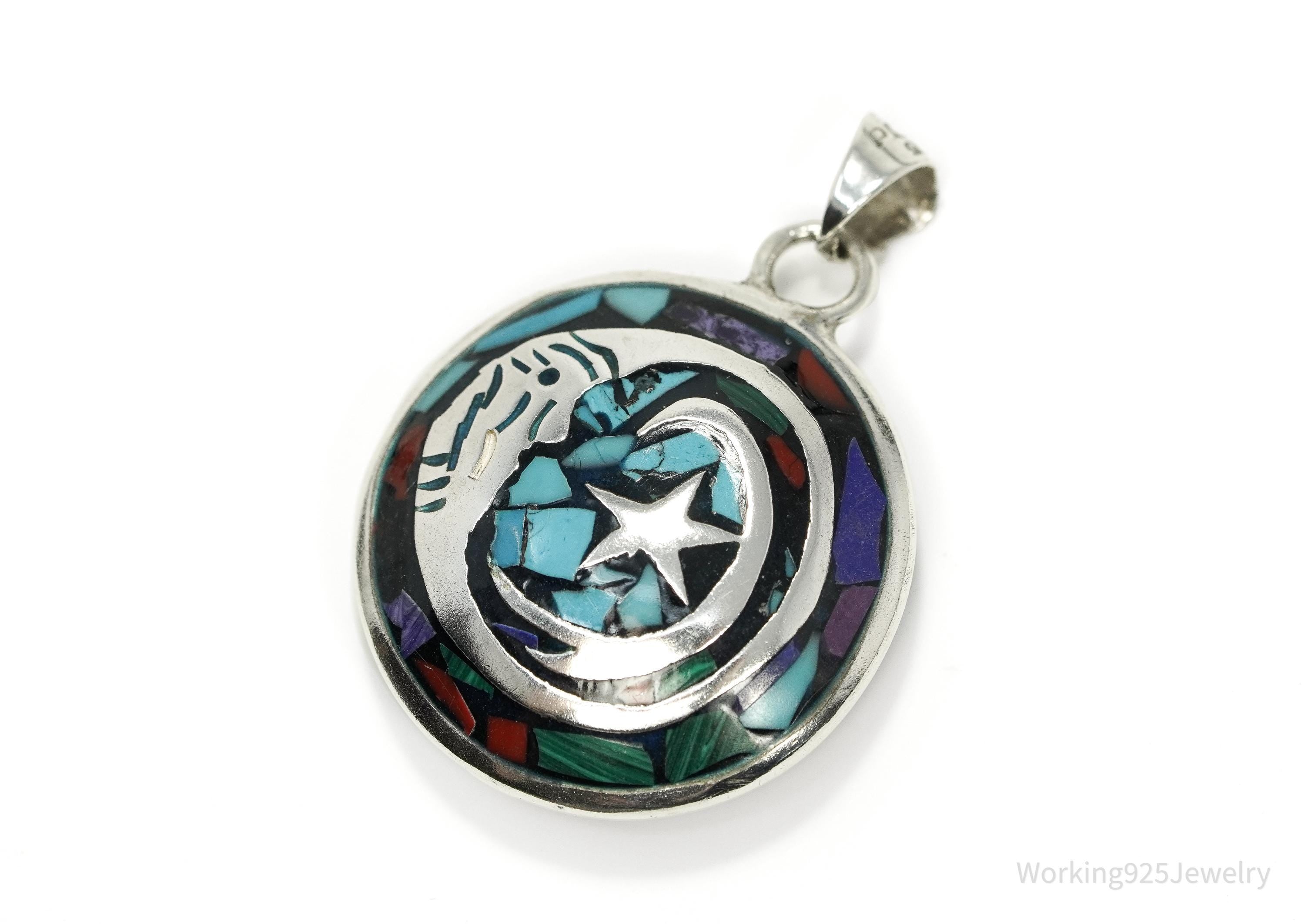 Vintage Double Sided Aztec Mayan Multi Gem Inlay Sterling Silver Pendant 1 11/16"