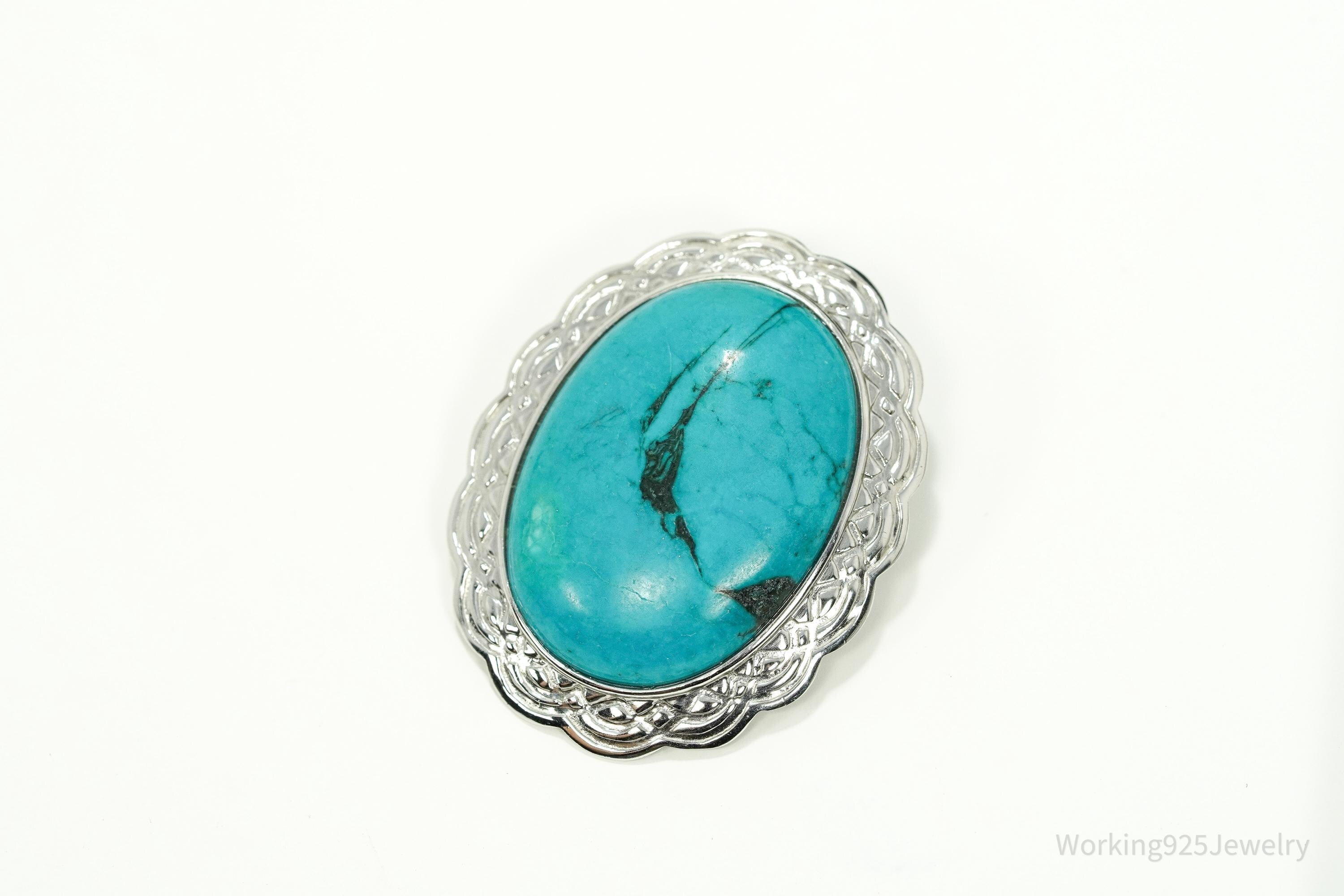 Vintage Large Blue Turquoise Sterling Silver Pendant