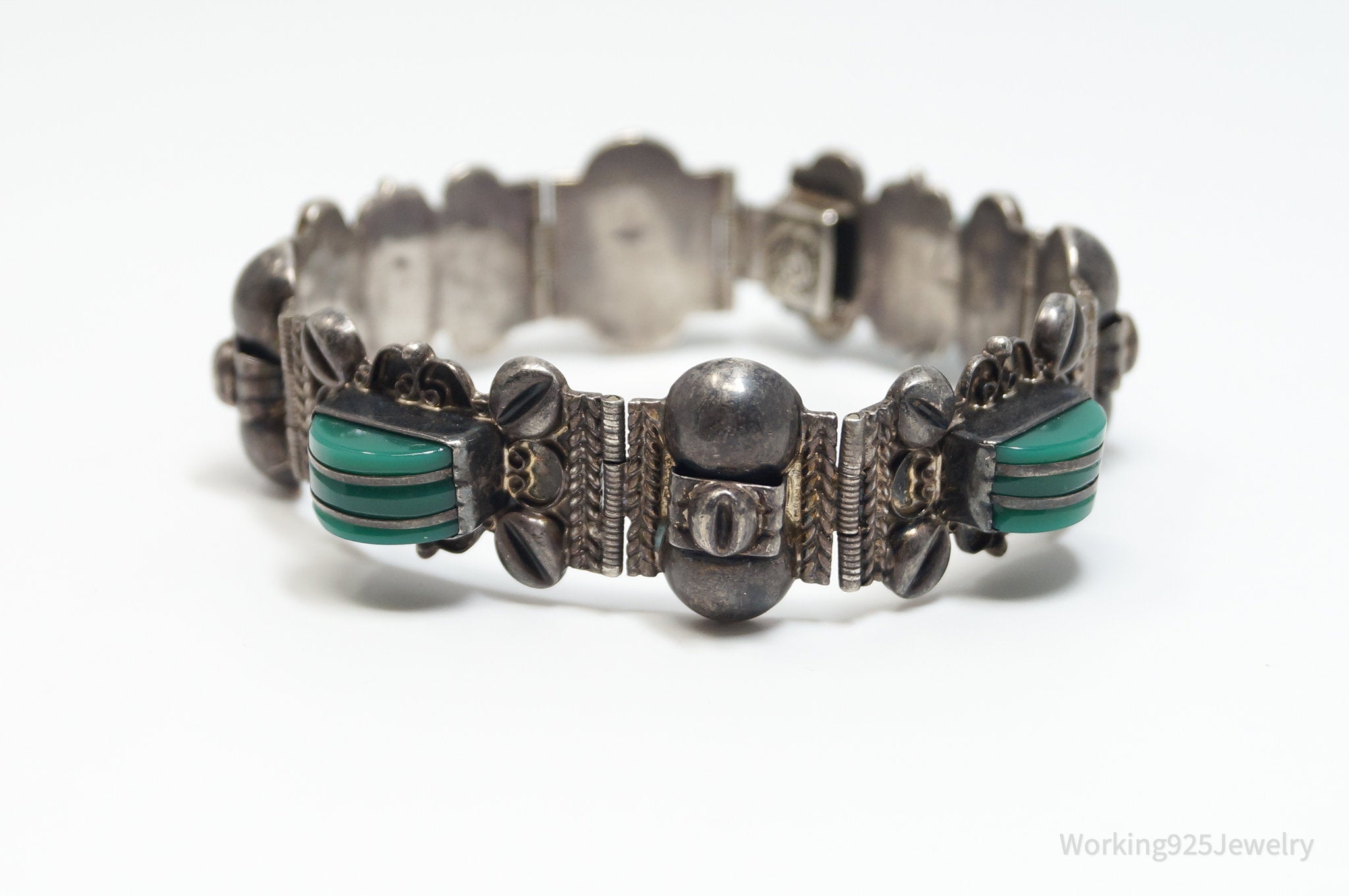 Vintage Mexico Designer GJ Jade Sterling Silver Ornate Panel Bracelet