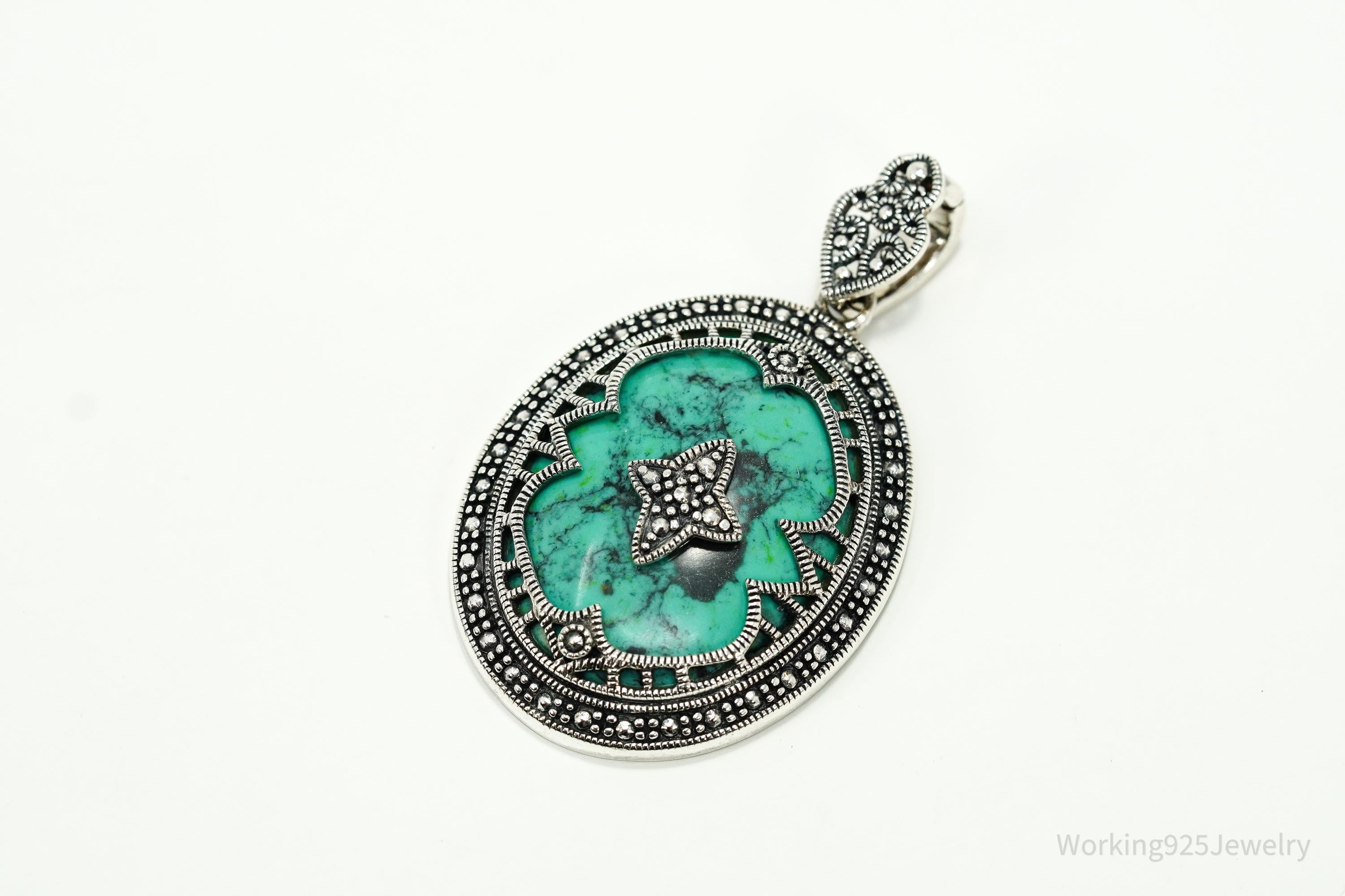 Vintage CFJ Large Turquoise & Marcasite Sterling Silver Pendant