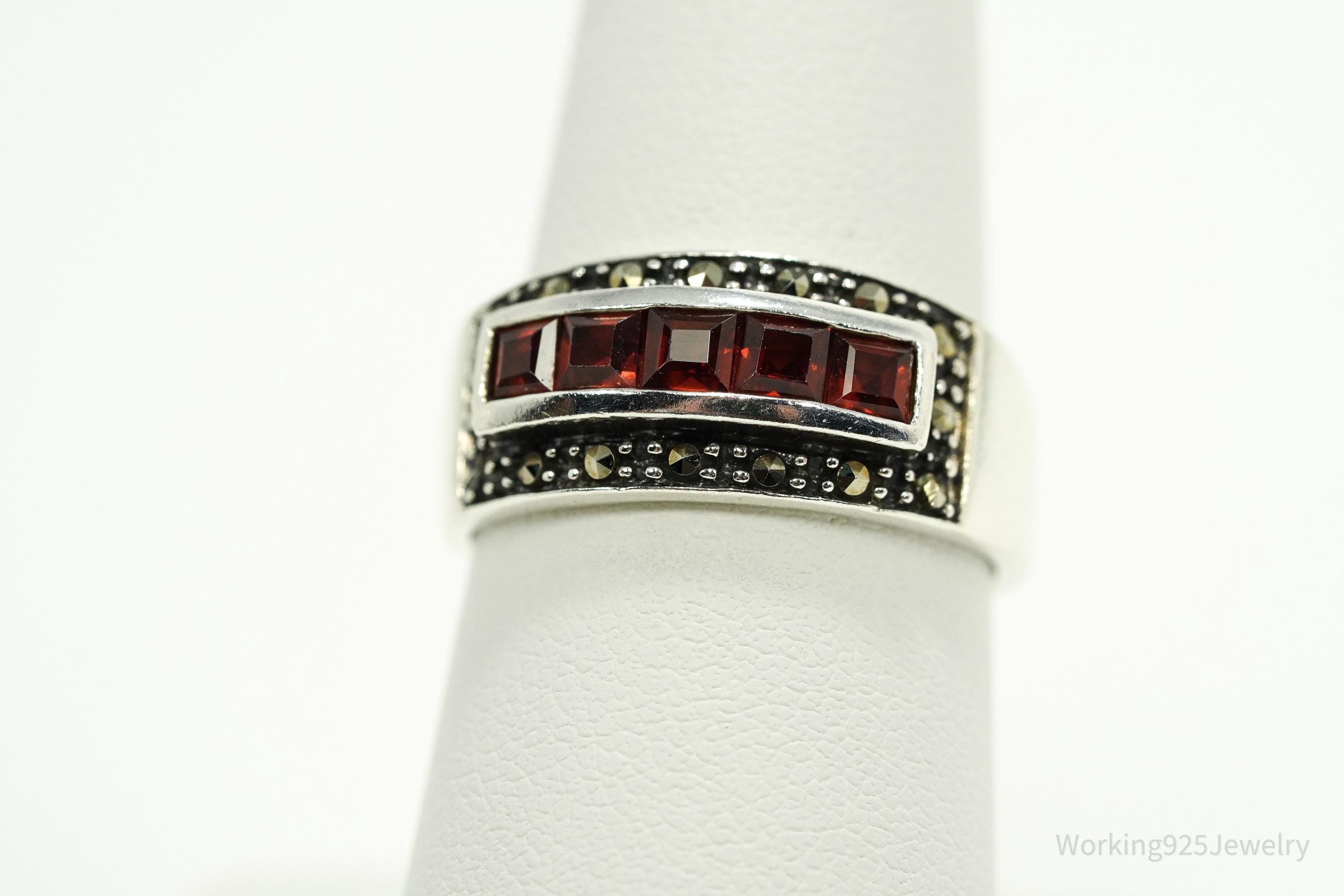 Vintage Garnet & Marcasite Sterling Silver Ring Size 8