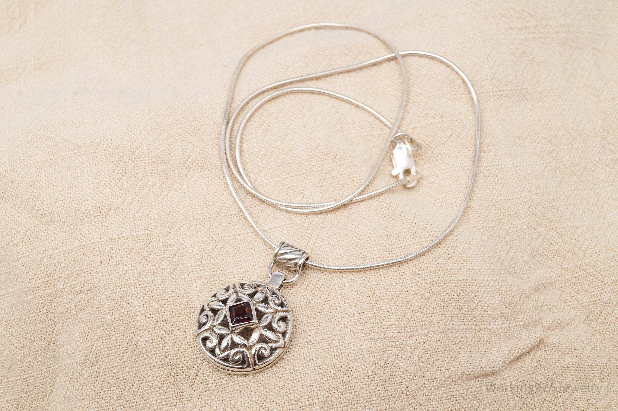 Vintage Garnet Art Deco Style Sterling Silver Necklace 16"