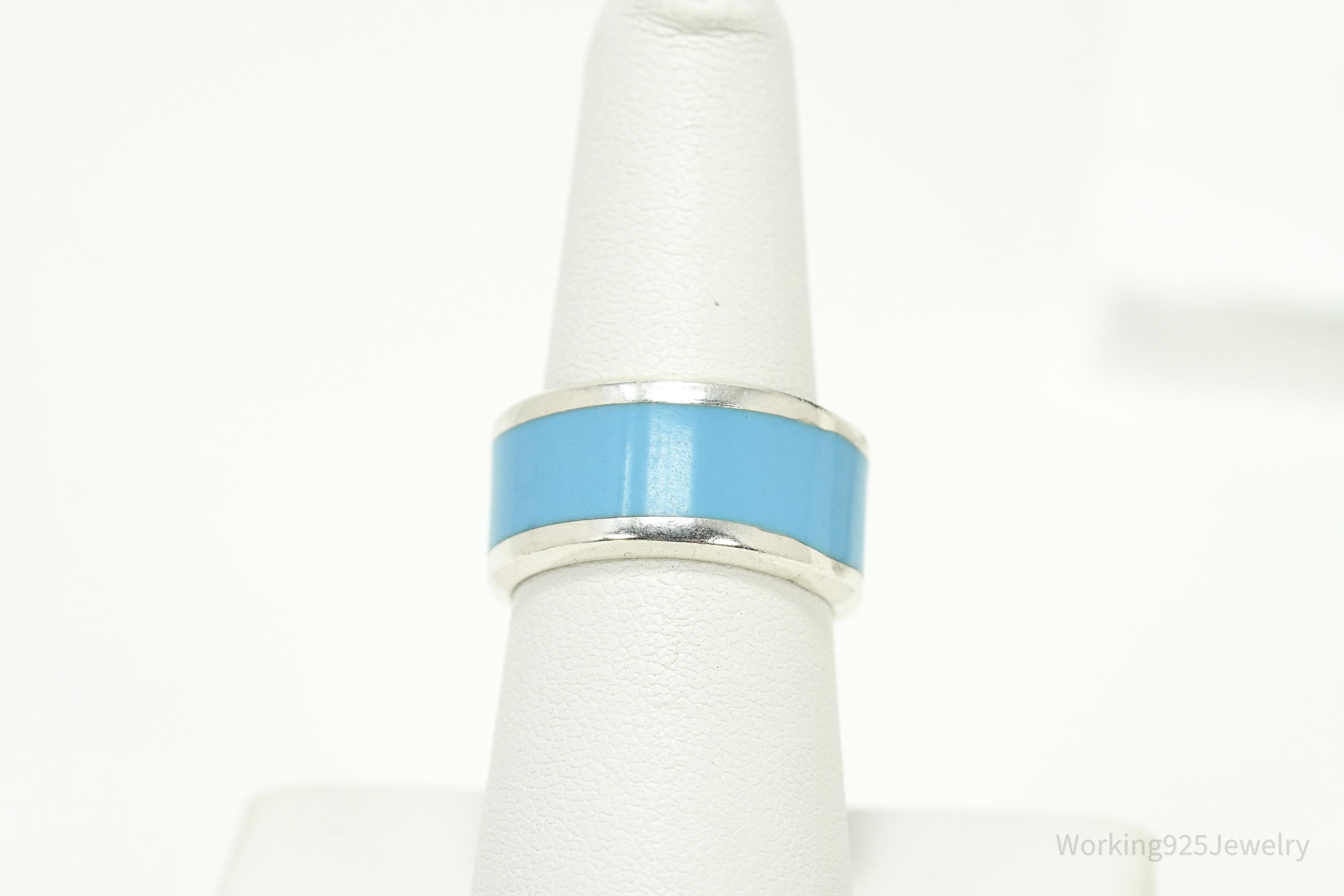 Vintage Blue Enamel Sterling Silver Wide Band Ring - Size 7.75