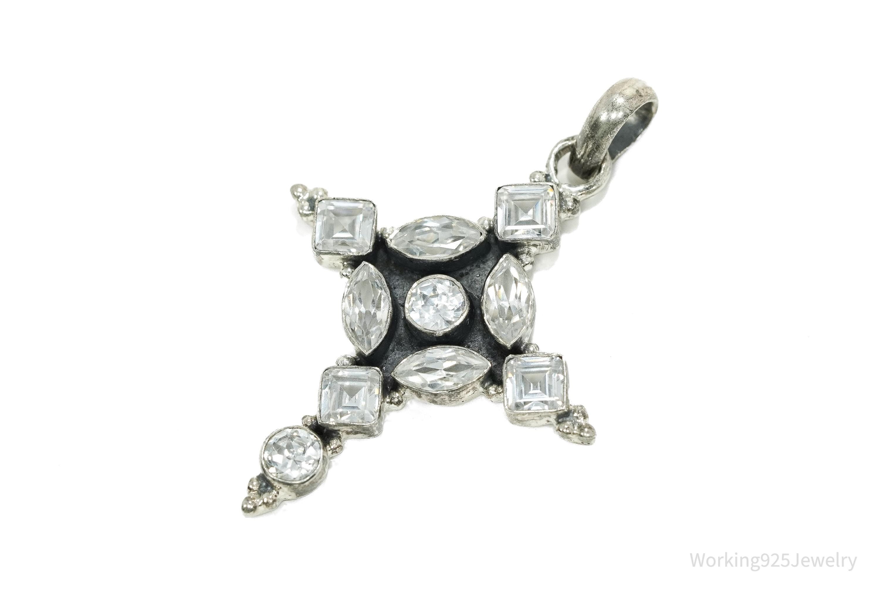 Large Vintage Cubic Zirconia Cross Sterling Silver Necklace Pendant 2"