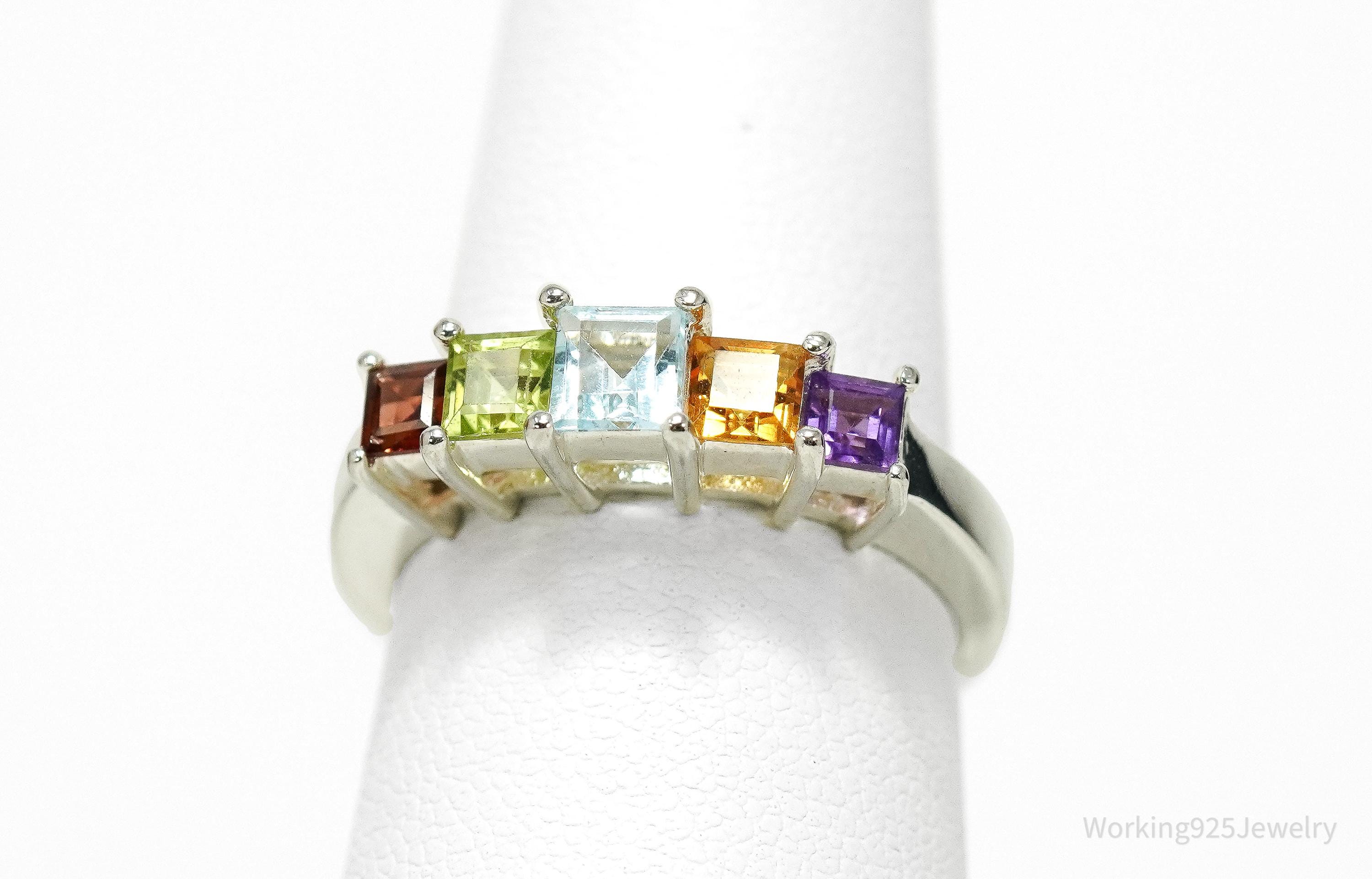 Vintage Rainbow Multi Gemstone Sterling Silver Band Ring – Size 7
