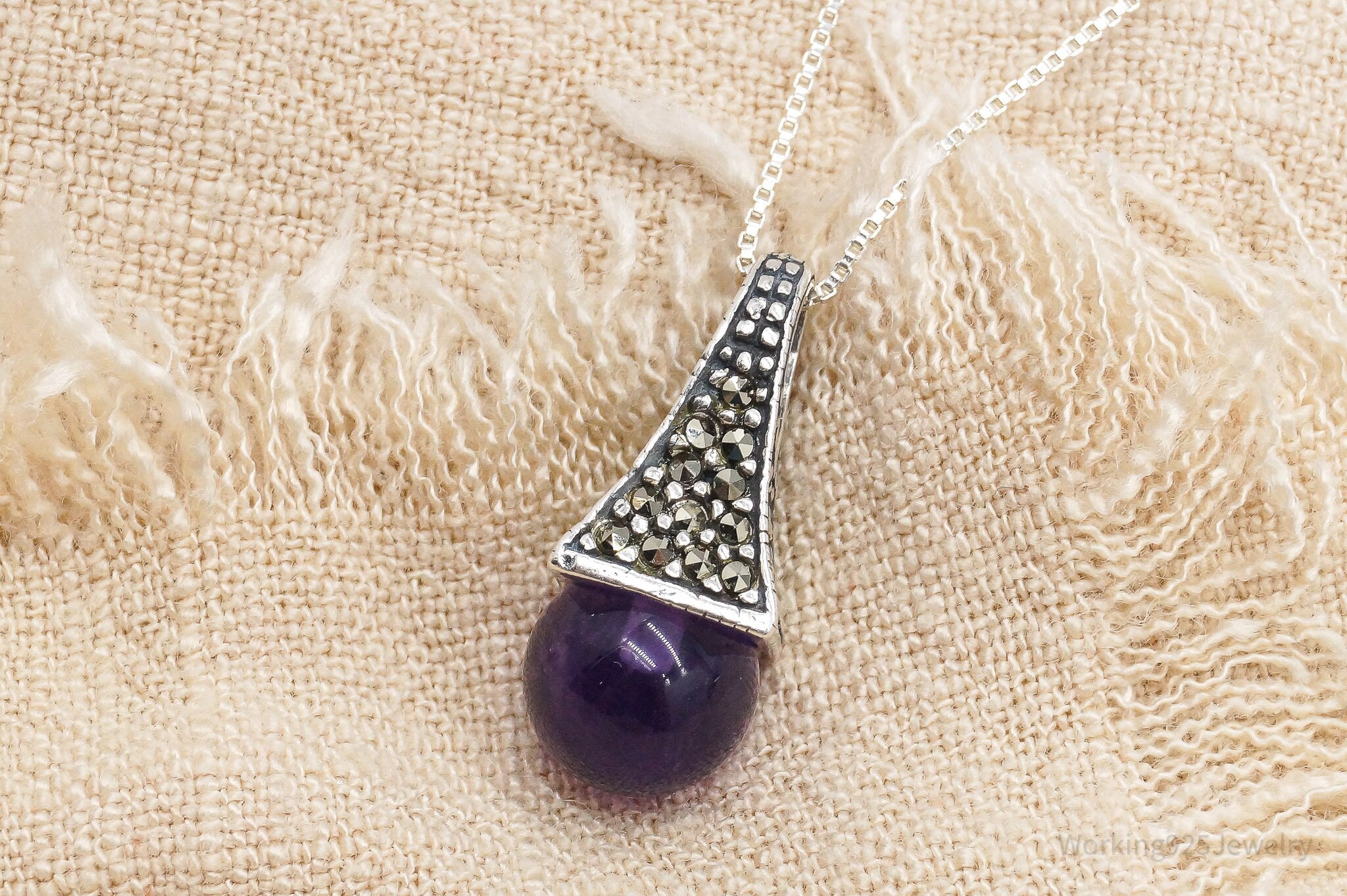 Vintage Amethyst Marcasite Sterling Silver Necklace 18"
