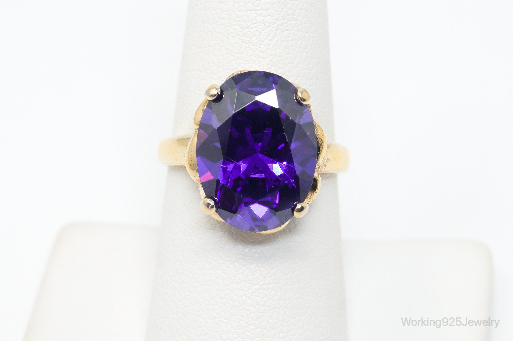 Vintage Large Purple Cubic Zirconia Gold Vermeil Sterling Silver Ring Size 7.75