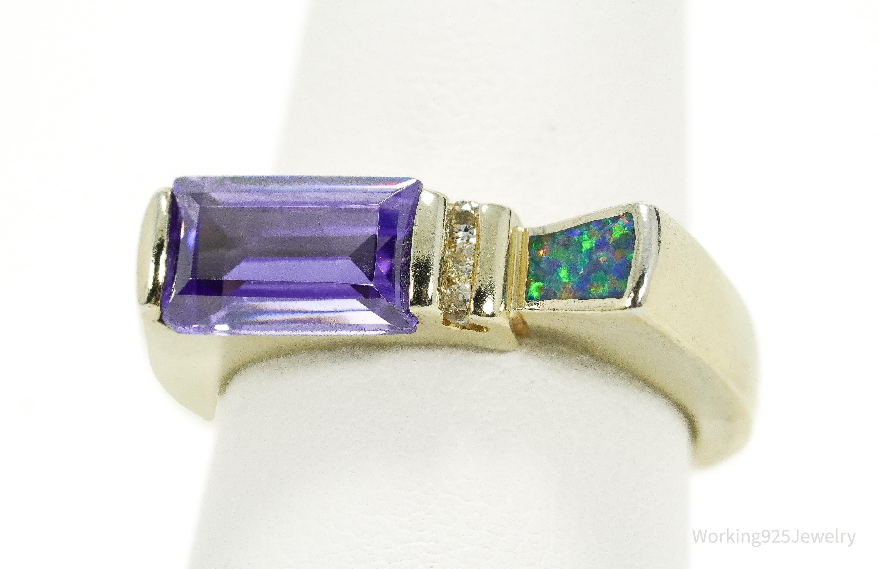 Vintage Designer AK Purple & White CZ Opal Gold Over Sterling Silver Ring - Size 8