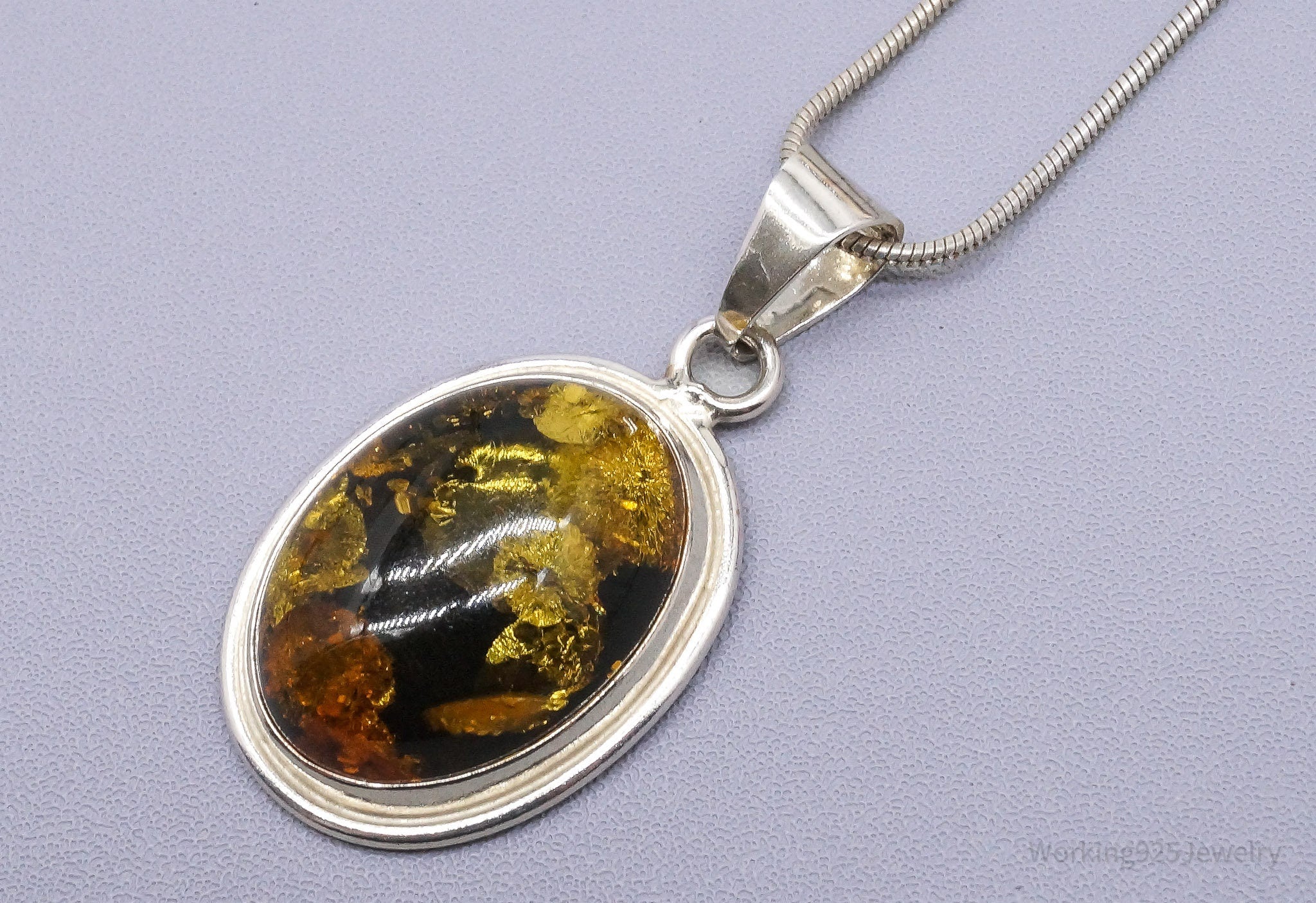 Vintage Large Amber Sterling Silver Chain Necklace 20"