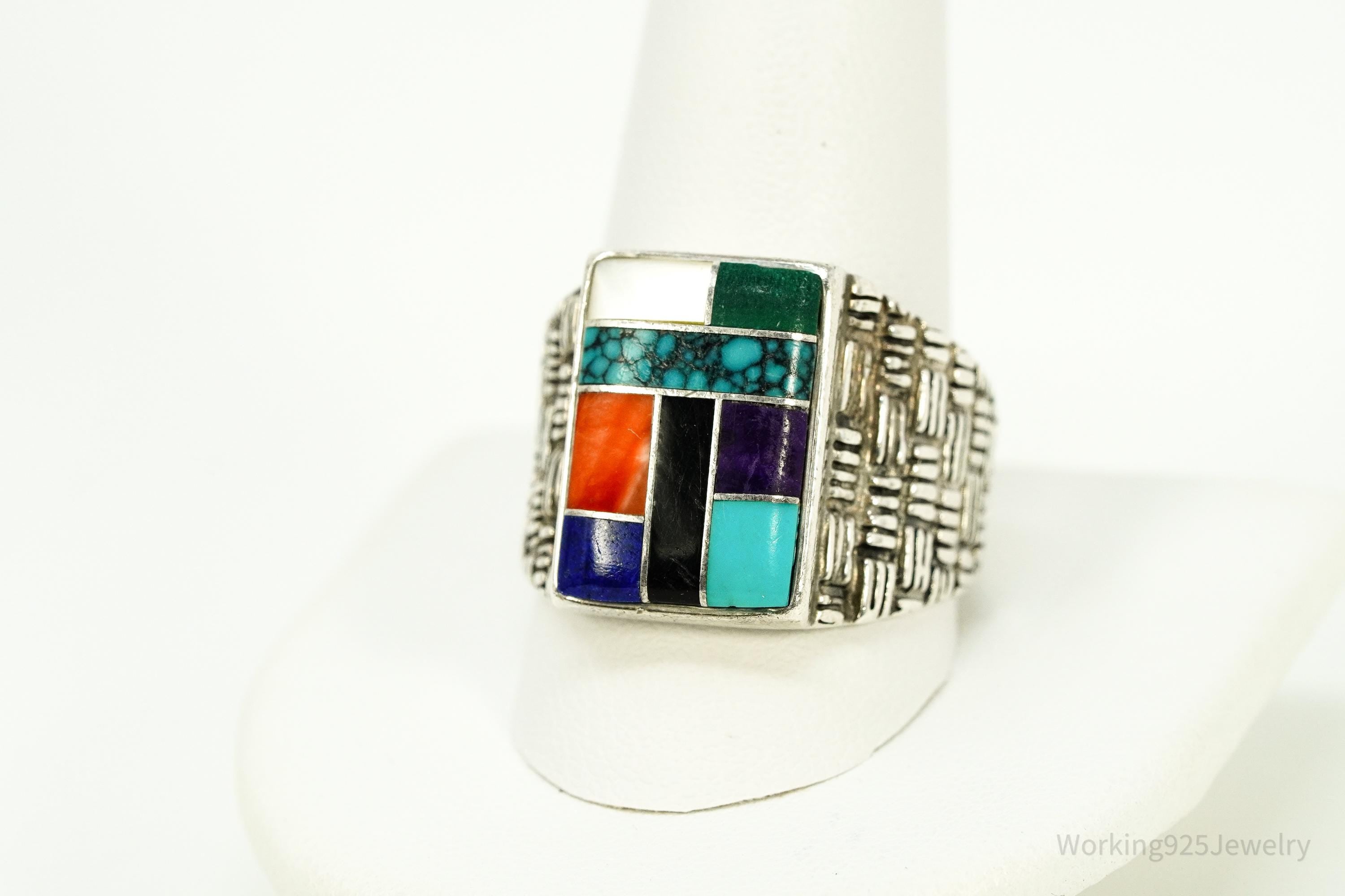 Vintage Native American Multi Gemstone Inlay Sterling Silver Ring - Size 12