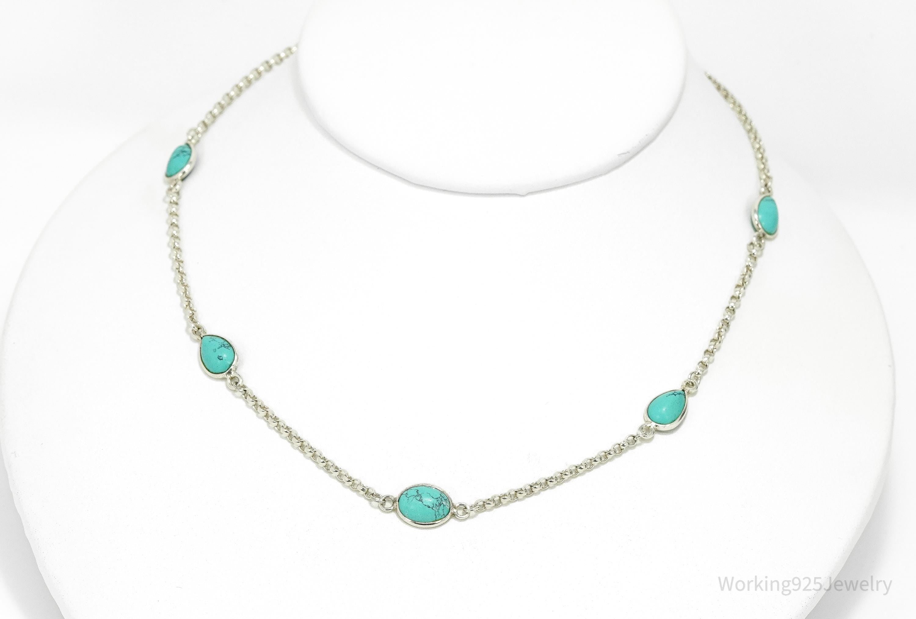 Vintage Blue Turquoise Sterling Silver Necklace 15"