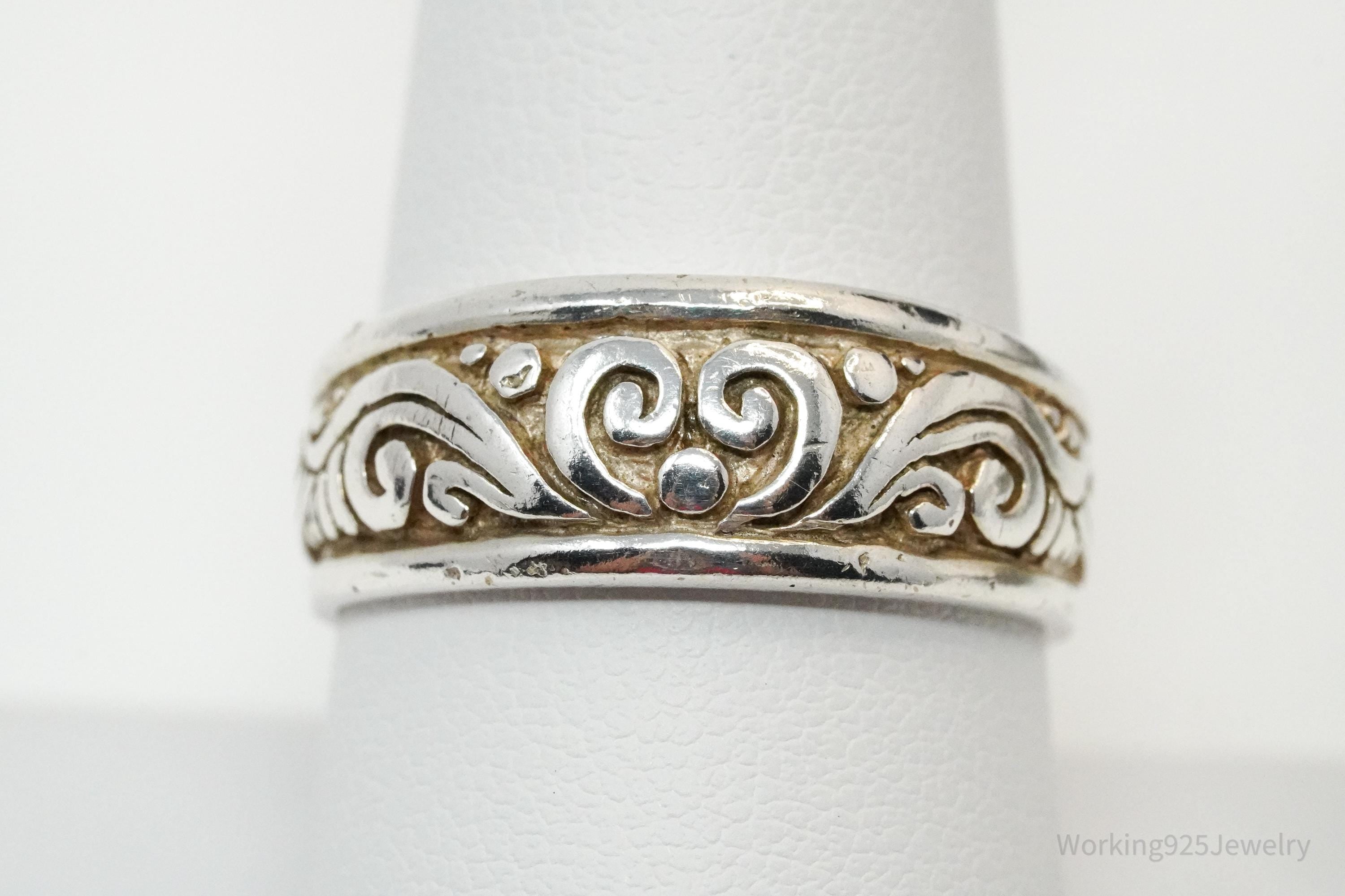 Vintage Scroll Design Sterling Silver Band Ring - Size 9