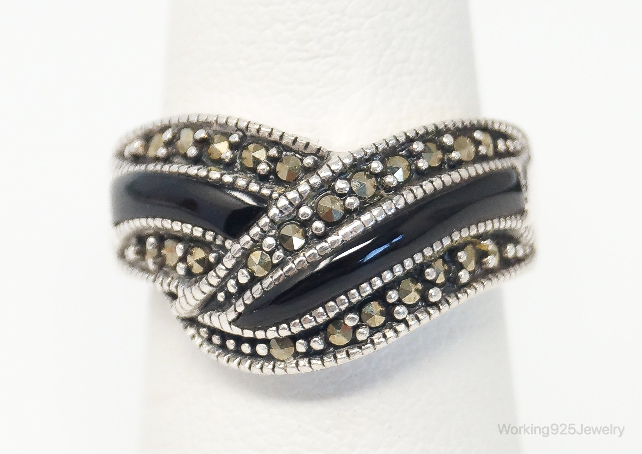 VTG Art Deco Marcasite Black Onyx Sterling Silver Ring - SZ 6