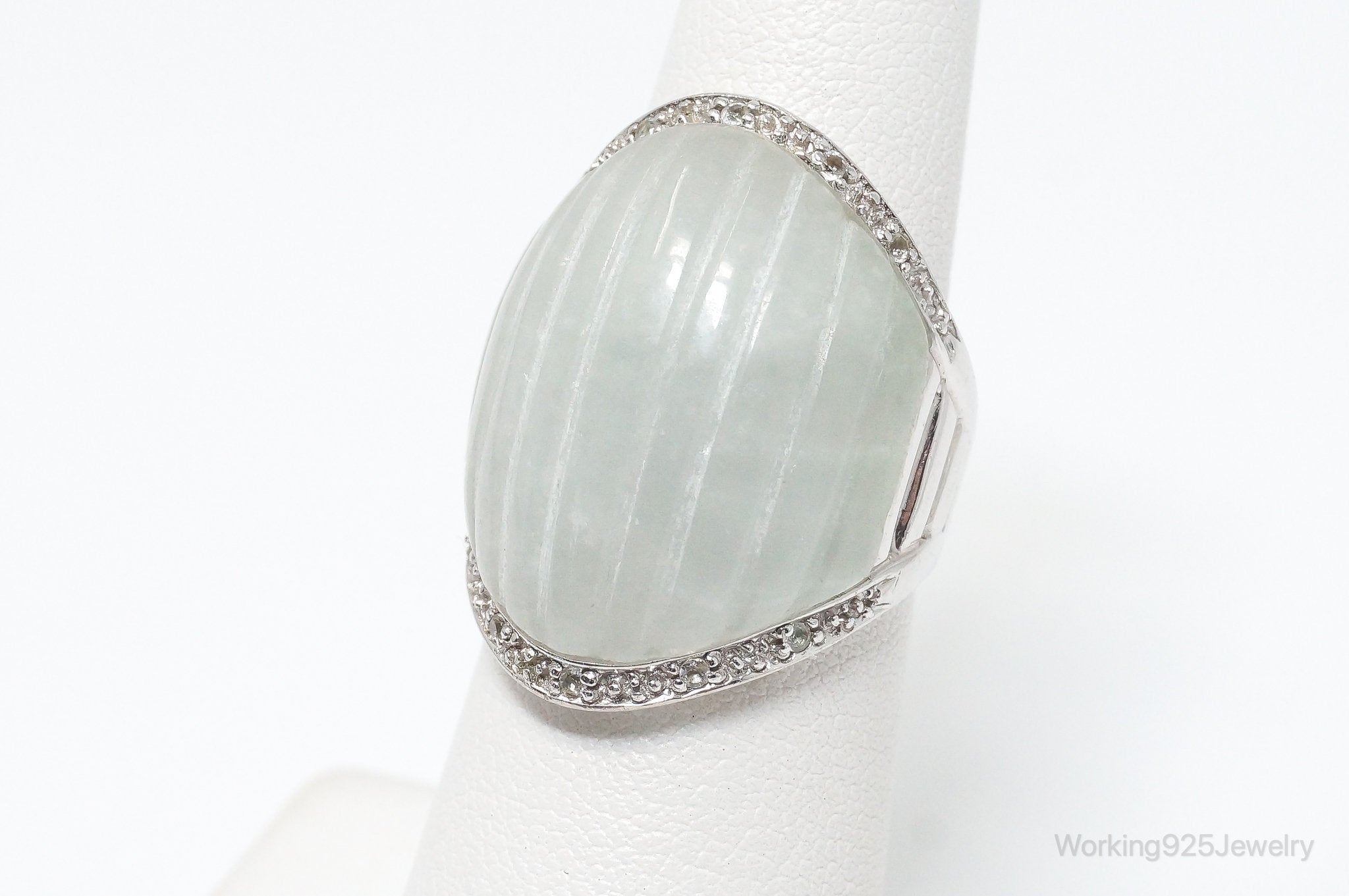 Vintage White Jade Cubic Zirconia Sterling Silver Ring - Size 5.75