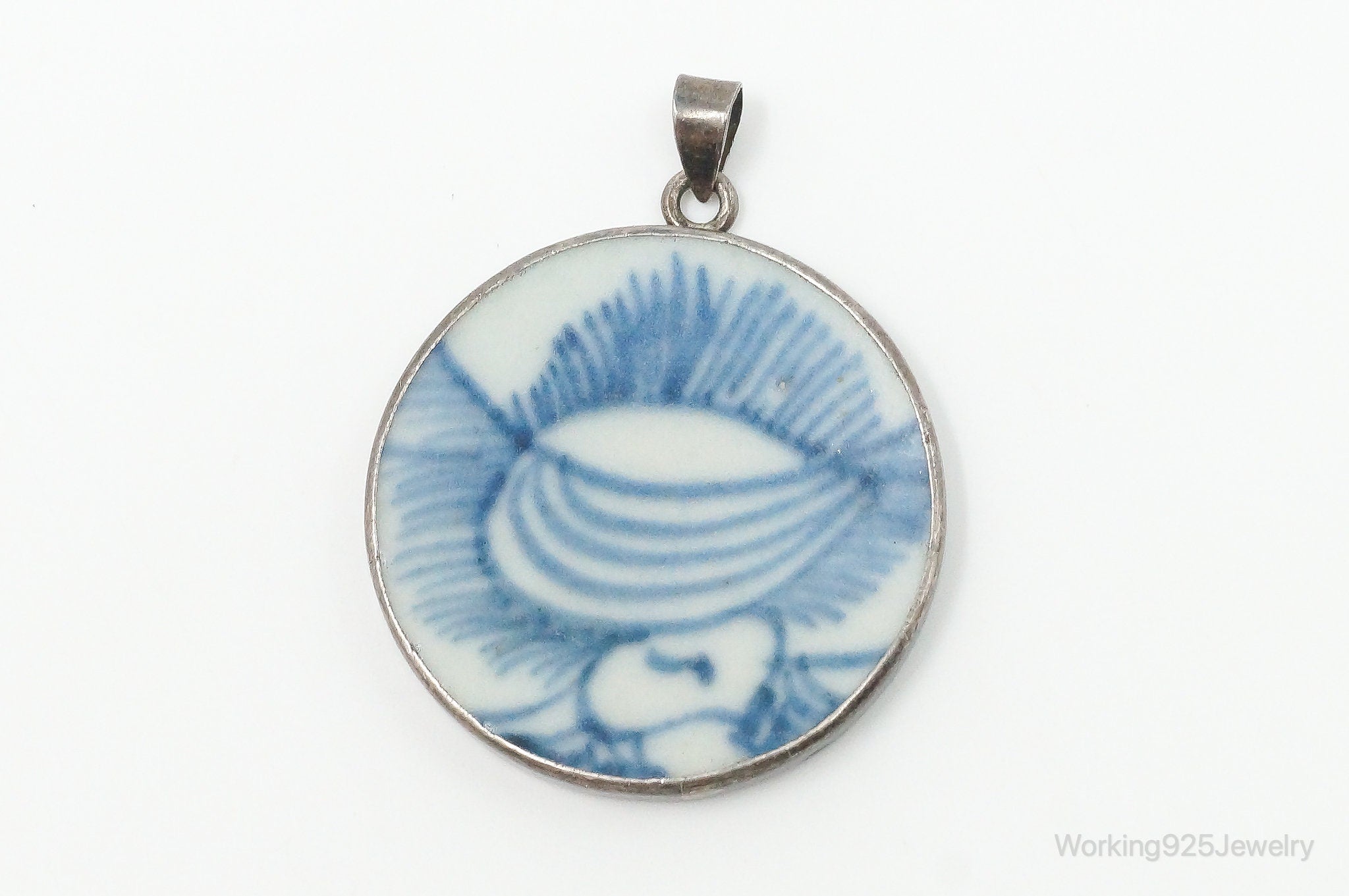 Vintage White Blue Ming Porcelain Sterling Silver Pendant