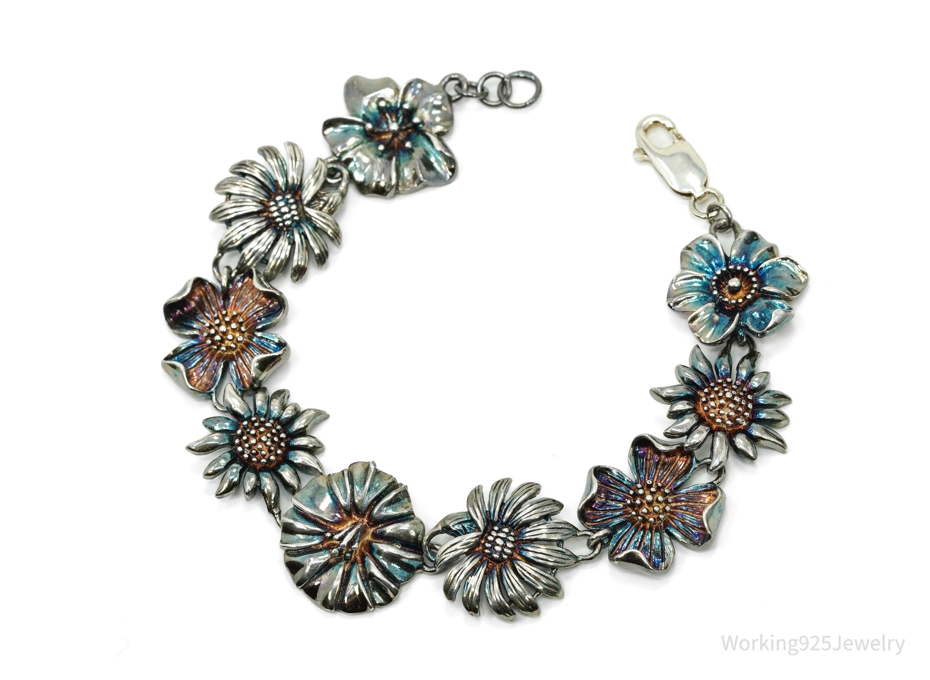 Vintage Flowers Sterling Silver Bracelet 7.5"