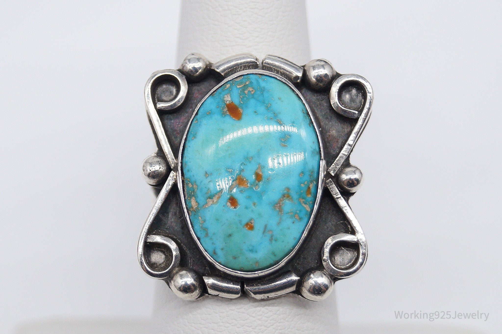 Vintage Handmade Native American Turquoise Unsigned Silver Ring - Size 6.75