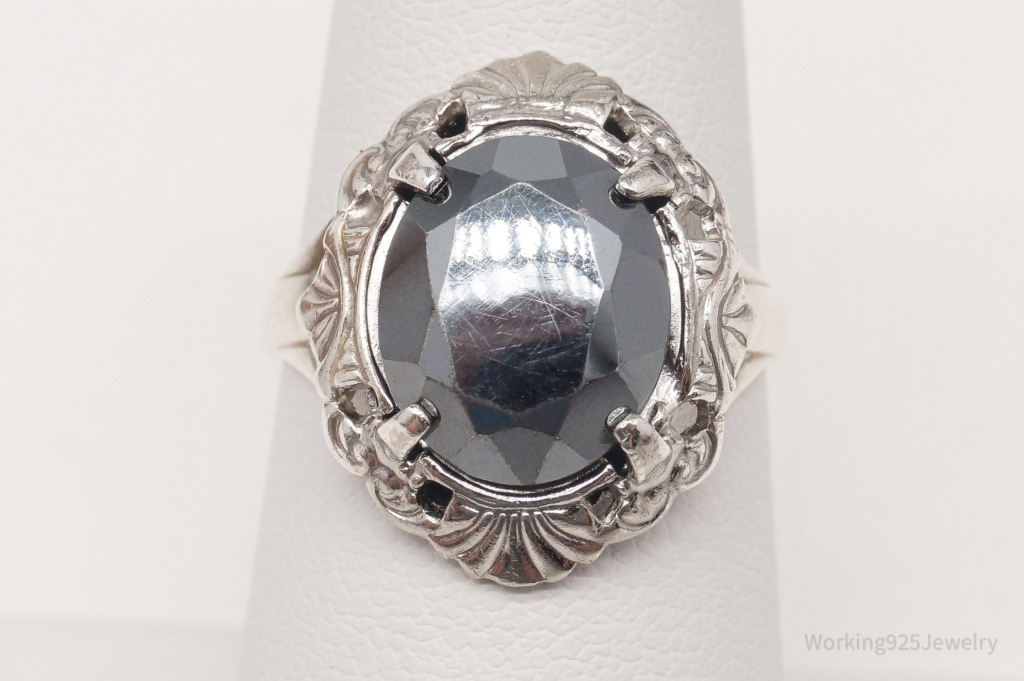 Antique Designer LSP Co Hematite Edwardian Sterling Silver Ring - Size 7