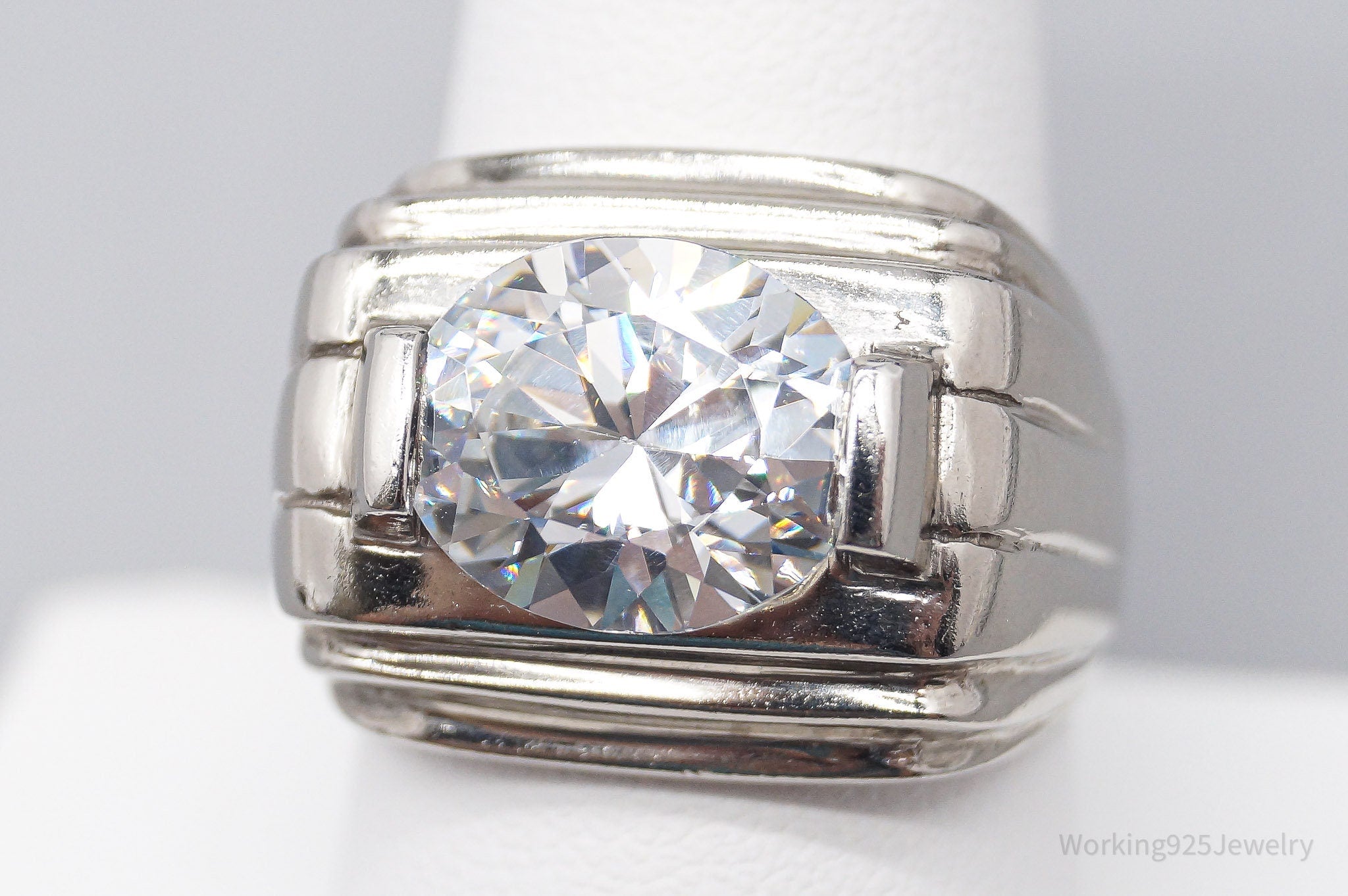 Vintage Large Cubic Zirconia Sterling Silver Ring - Size 8.75