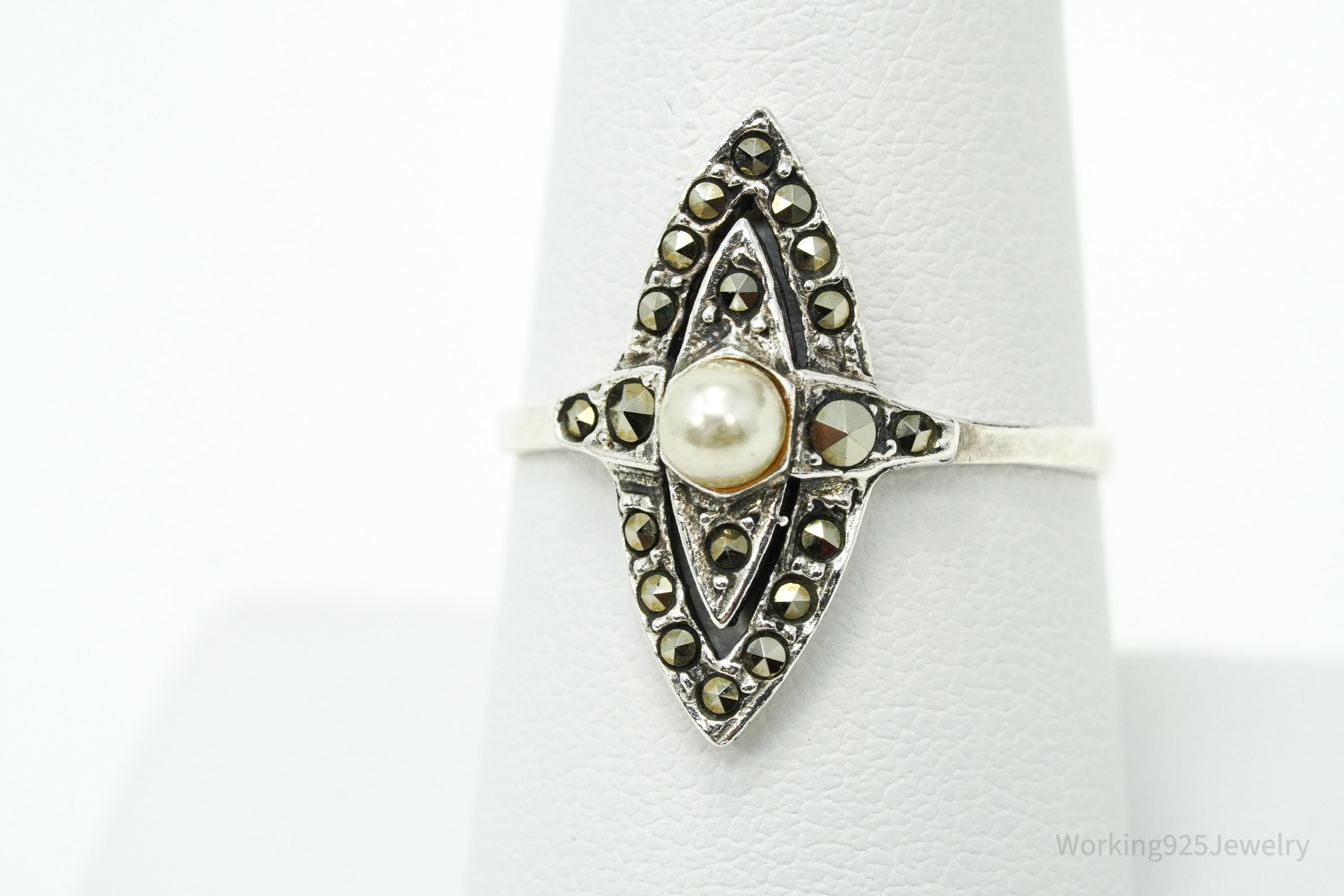 Vintage Pearl & Marcasite Sterling Silver Ring - Size 8.25