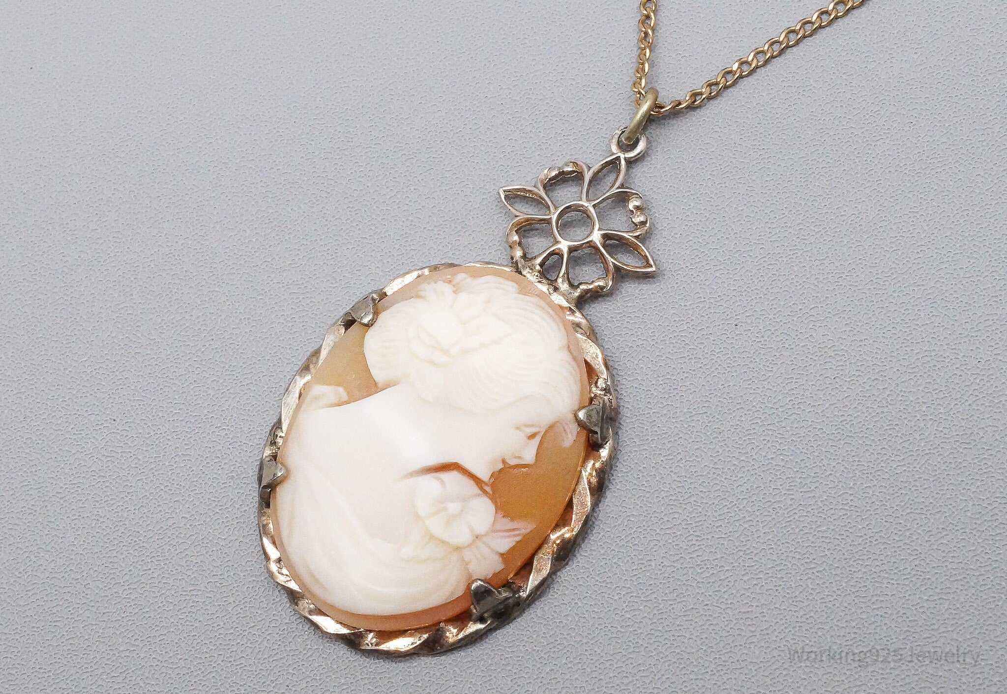 Antique Victorian Ostby Barton Shell Cameo Titanic 12K GF Sterling Silver Necklace 16"