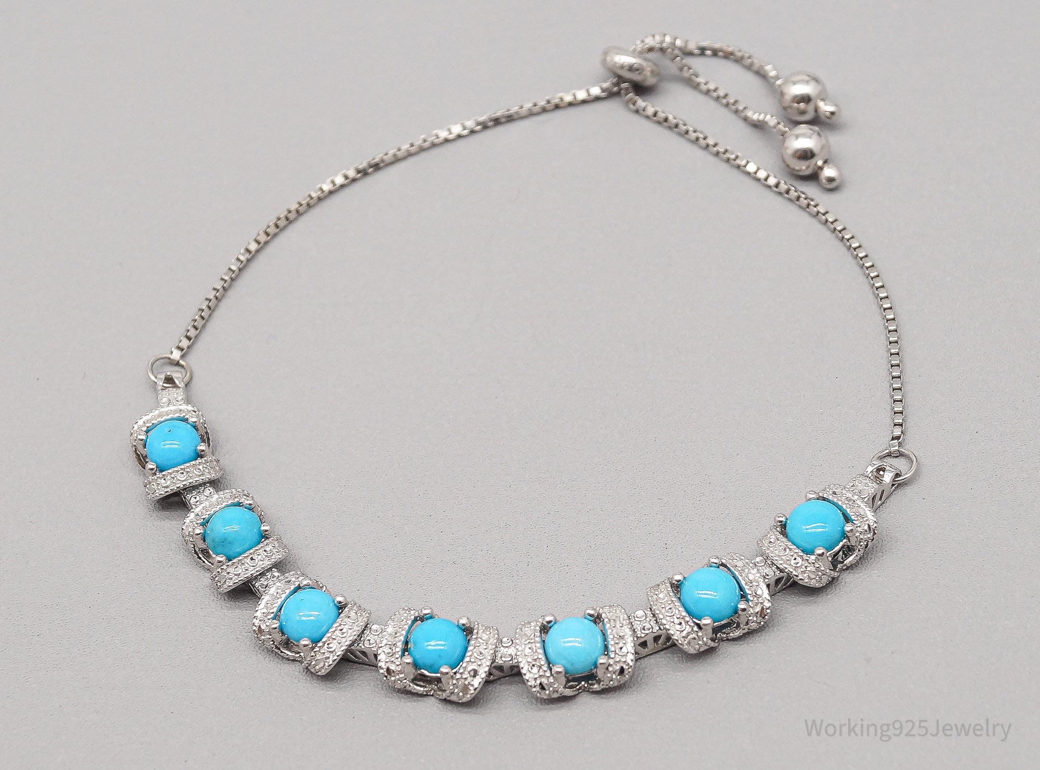 Vintage Blue Turquoise Sterling Silver Adjustable Bracelet / Anklet - 9 7/8"