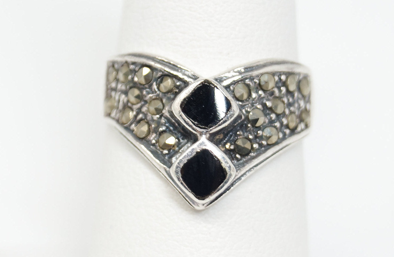 Vtg Art Deco Style Marcasite Black Onyx Ring Sterling Silver - Sz 6.75