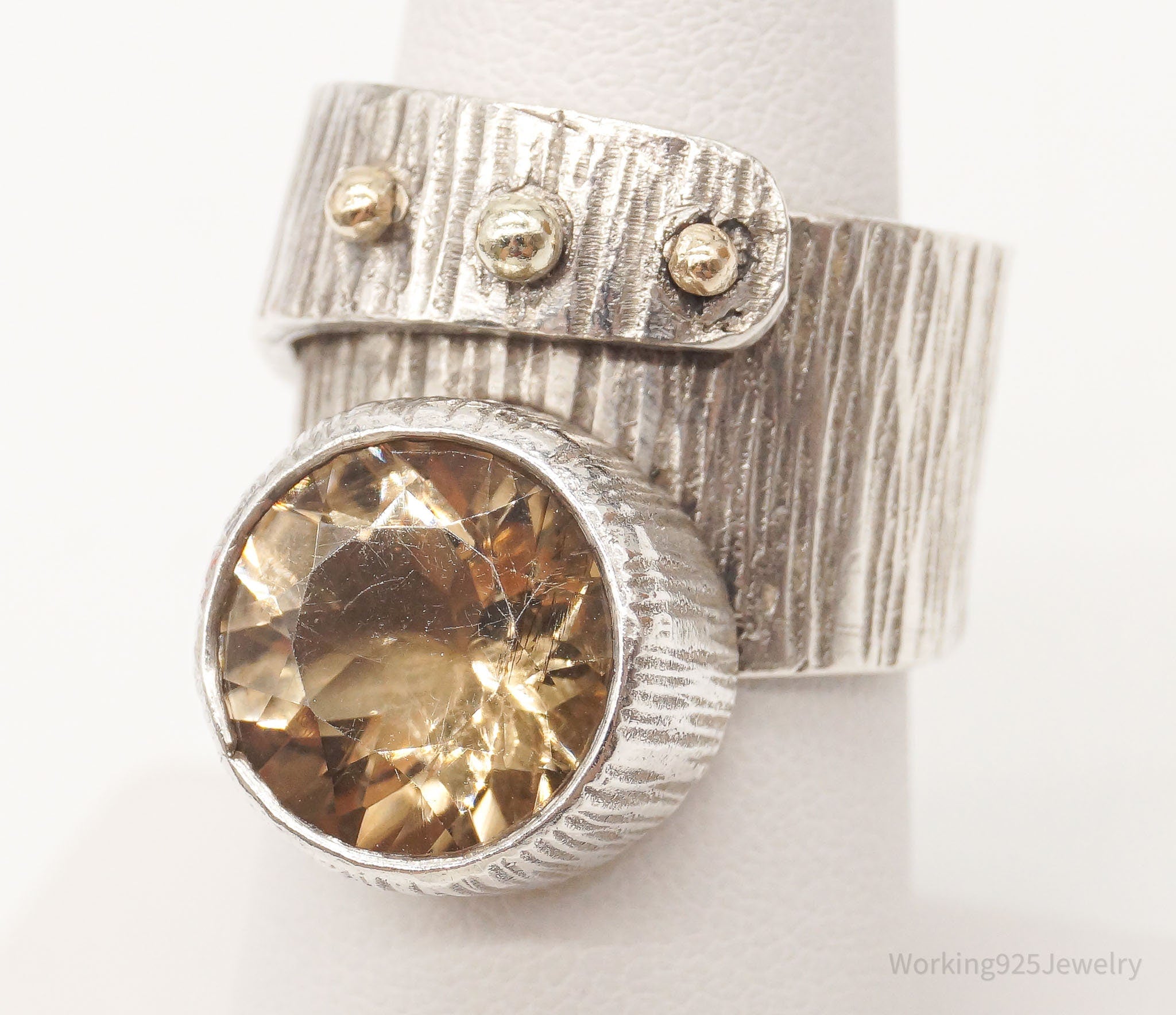 Vintage Large Smoky Topaz 14K Gold Sterling Silver Ring - Size 7.25 Adjustable