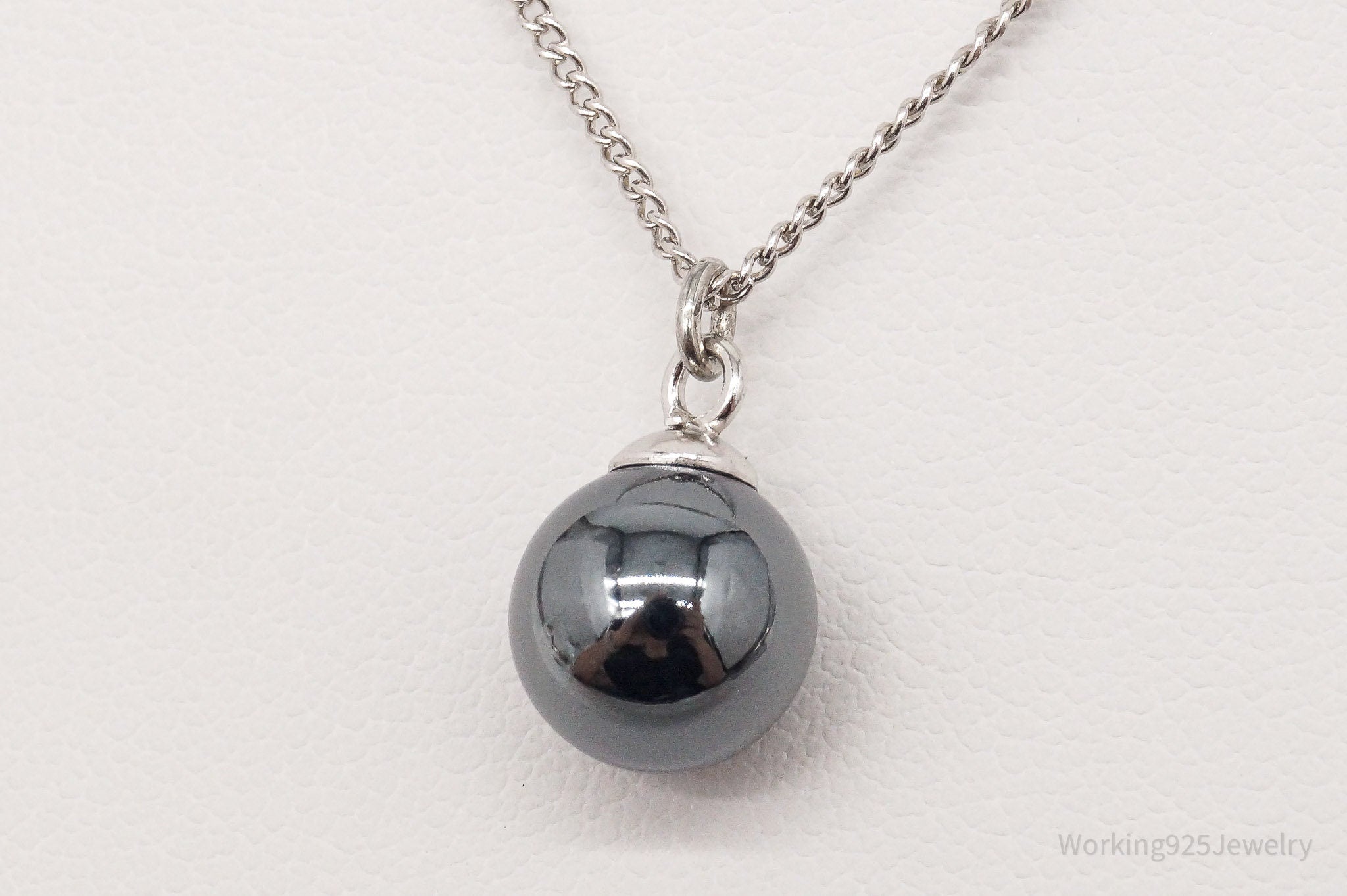 Vintage 1970s Hematite Sphere Sterling Silver Necklace 16"