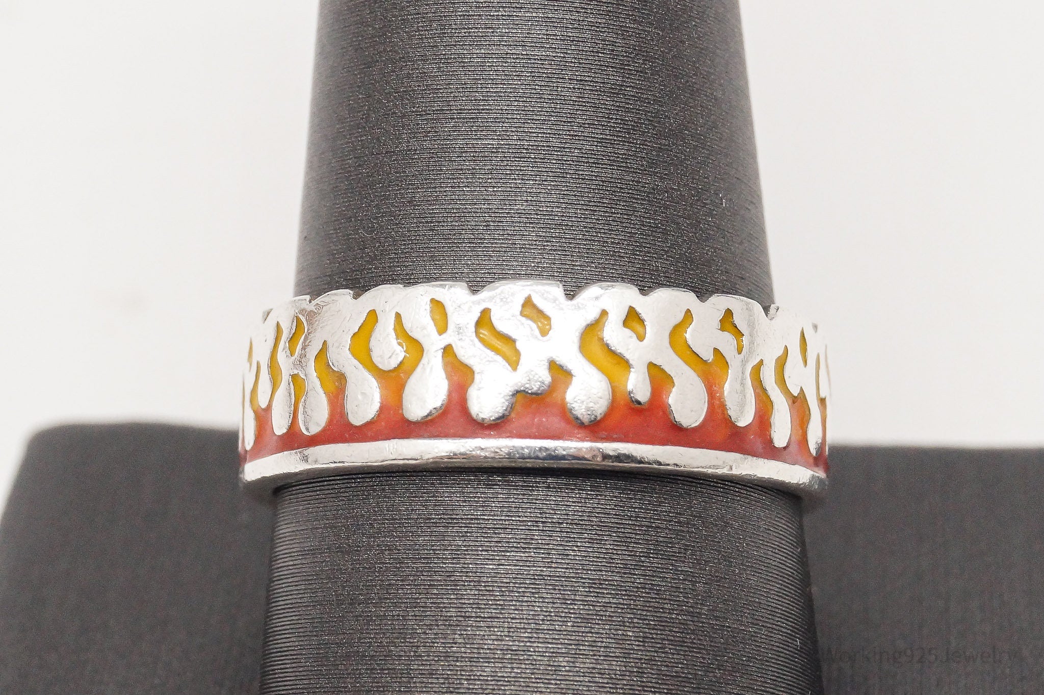 Vintage PSCL Fire Flames Enamel Sterling Silver Band Ring - Size 10.75