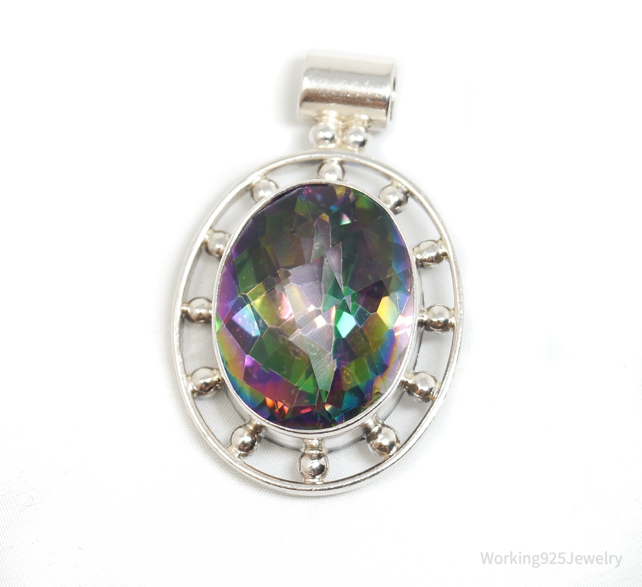 Vintage Large Mystic Topaz Sterling Silver Necklace Pendant